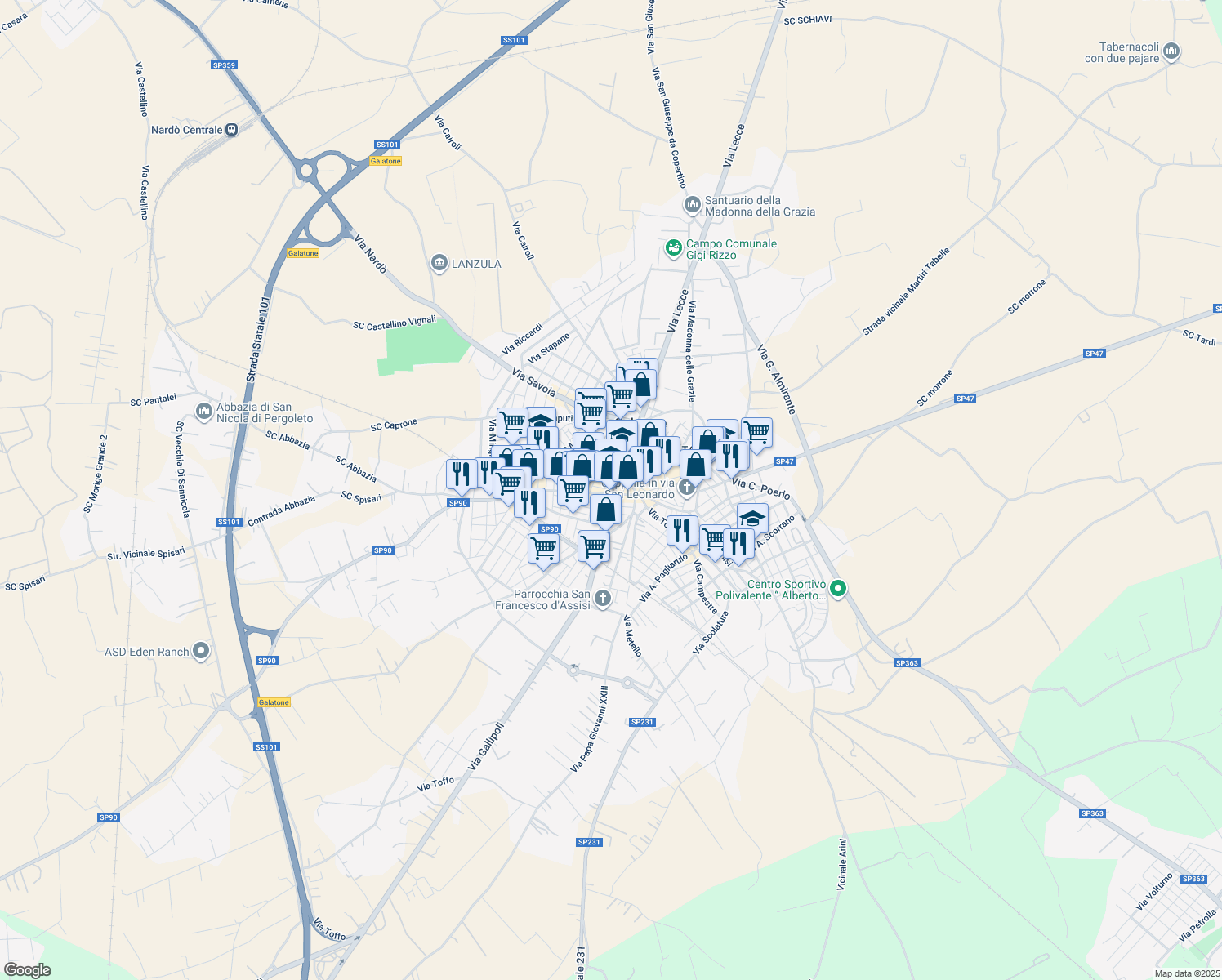 map of restaurants, bars, coffee shops, grocery stores, and more near 17 Via Alessandro Manzoni in Galatone