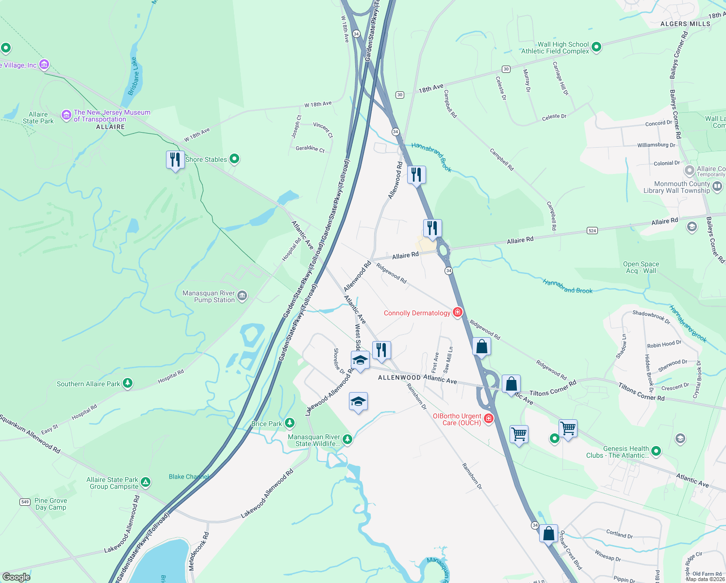 map of restaurants, bars, coffee shops, grocery stores, and more near 3245 Rambling Hill Court in Wall Township