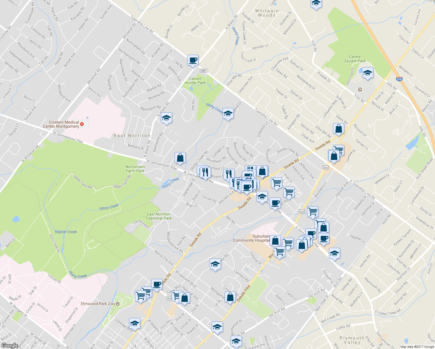 map of restaurants, bars, coffee shops, grocery stores, and more near 227 Bryans Road in Norristown