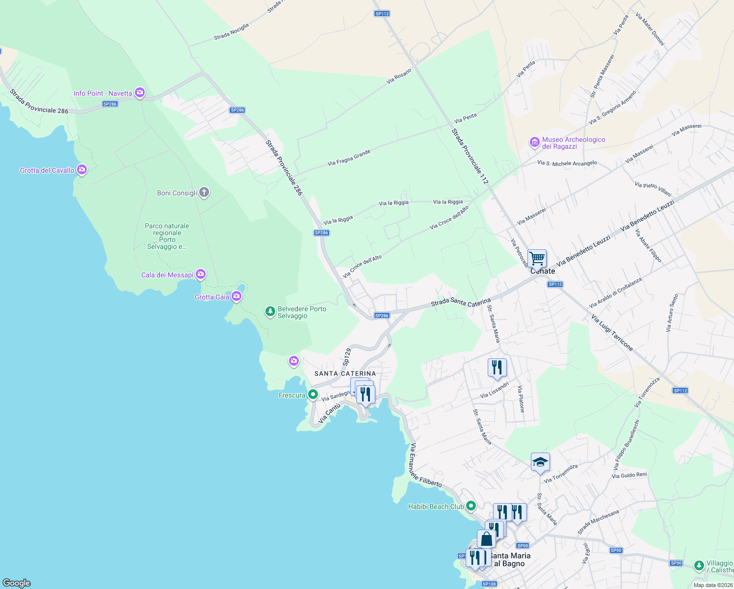 map of restaurants, bars, coffee shops, grocery stores, and more near 4 Via Fernando Verdesca in Nardò