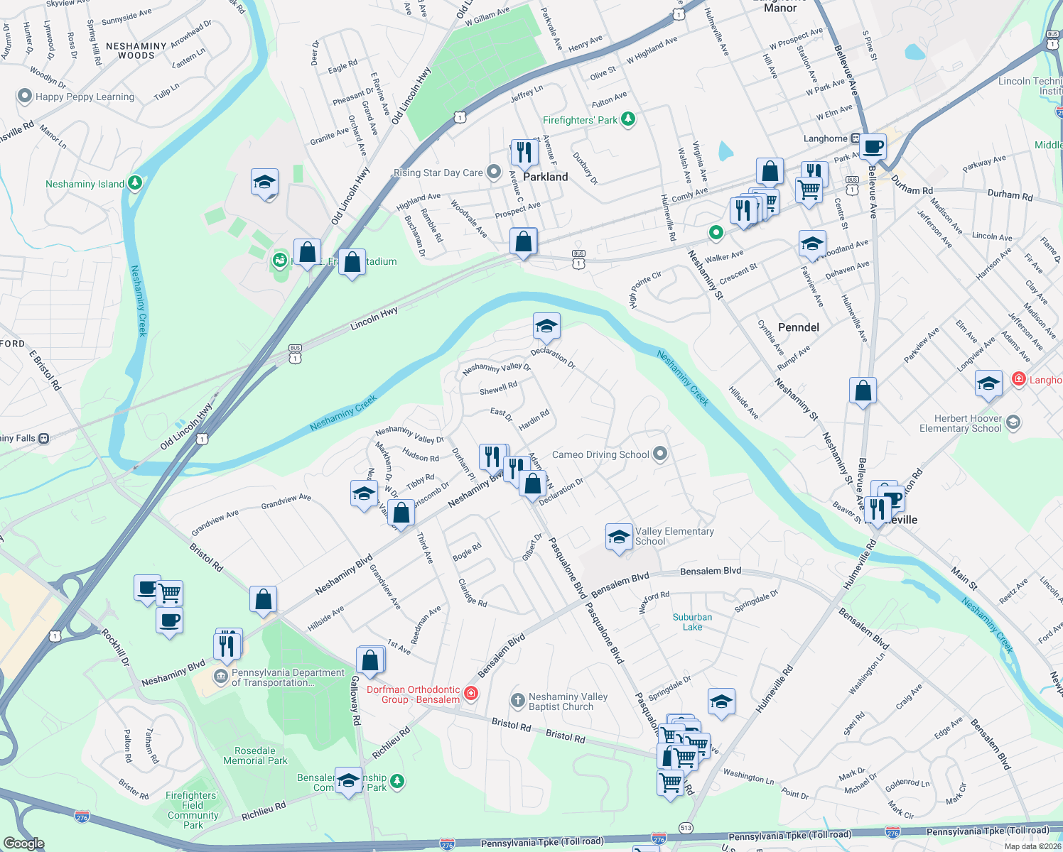 map of restaurants, bars, coffee shops, grocery stores, and more near 6320 Hardin Road in Bensalem