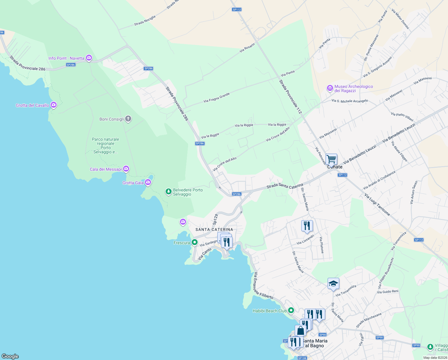 map of restaurants, bars, coffee shops, grocery stores, and more near 4 Via Fernando Verdesca in Nardò