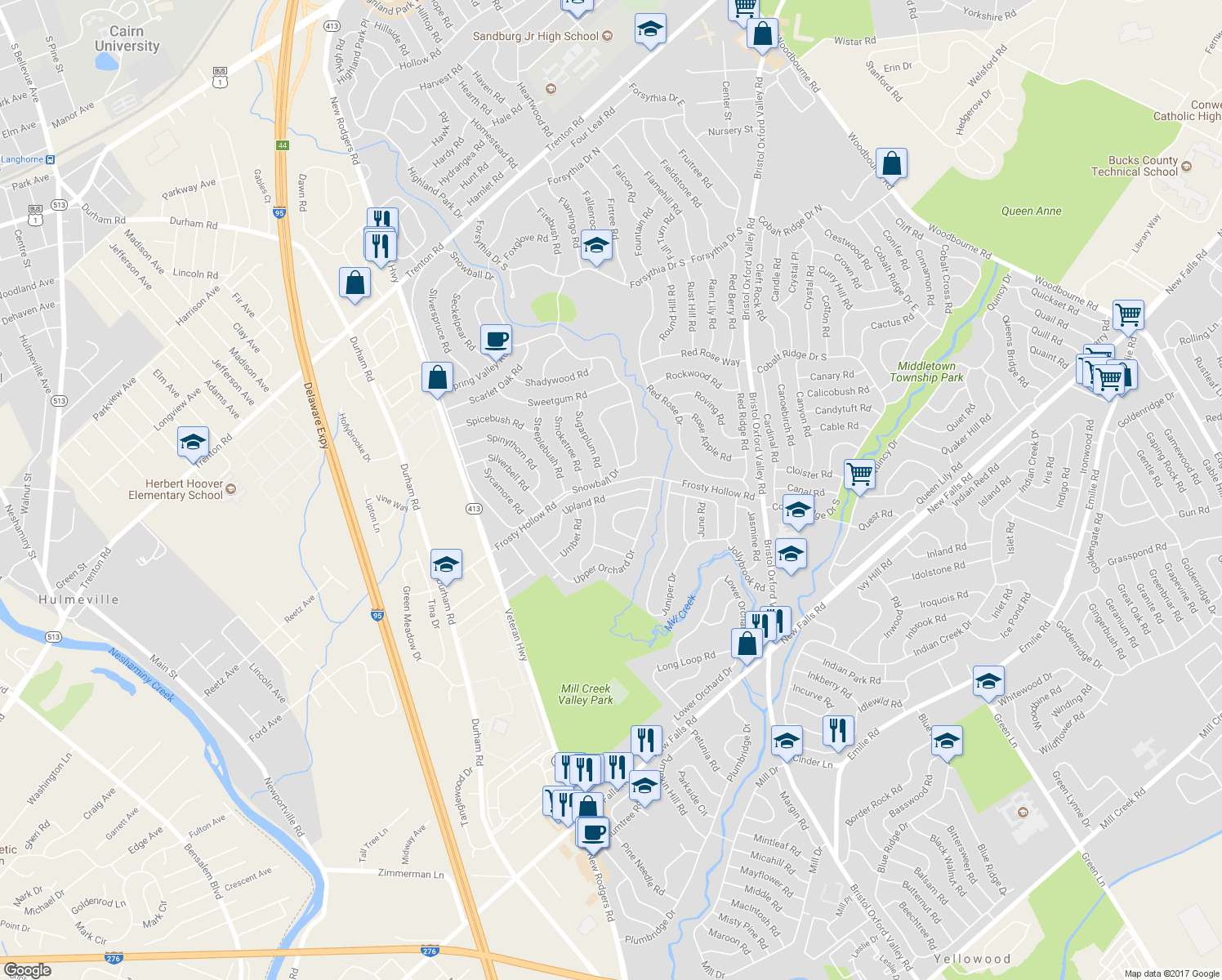 map of restaurants, bars, coffee shops, grocery stores, and more near 71 Upland Road in Levittown
