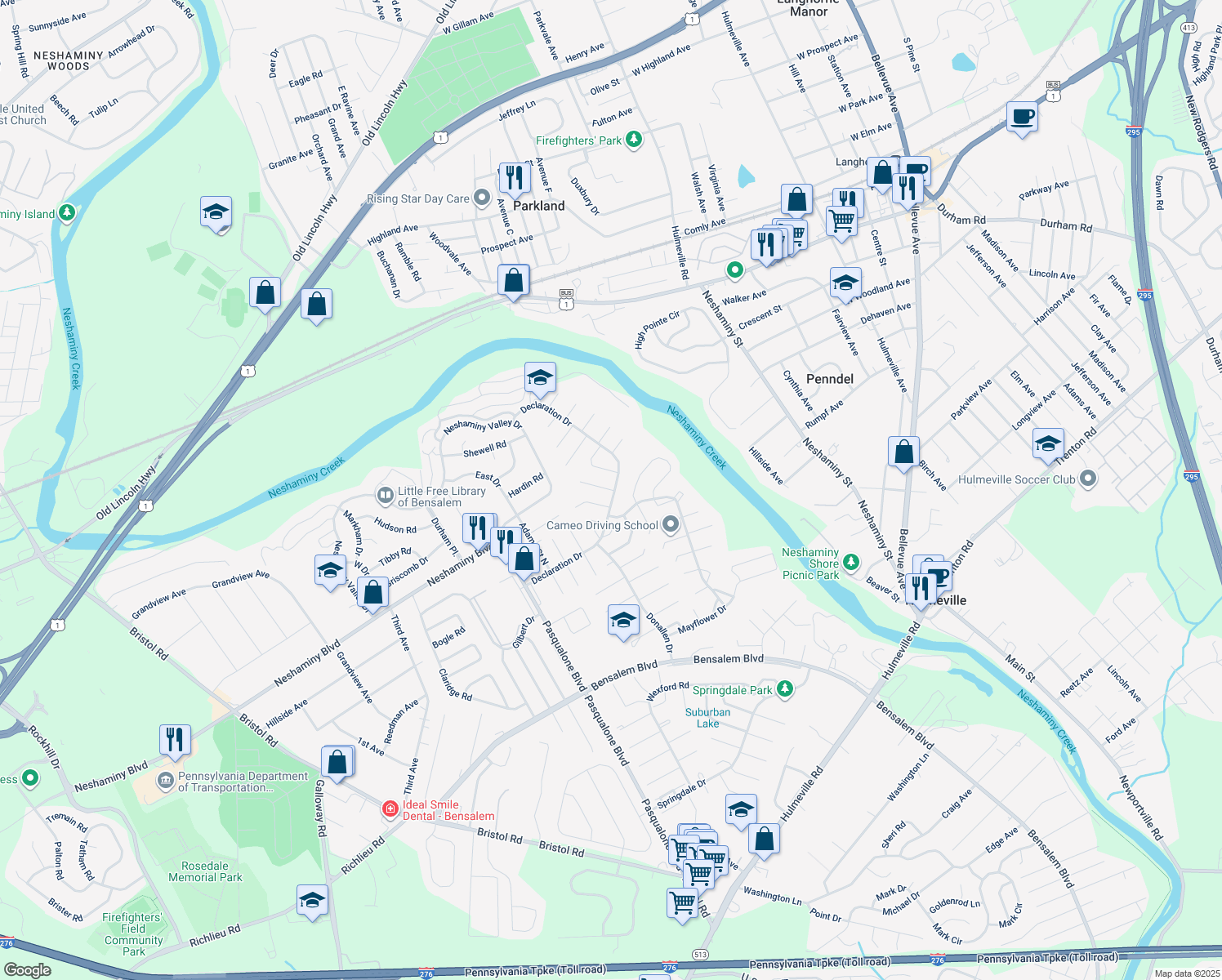 map of restaurants, bars, coffee shops, grocery stores, and more near 3204 Farragut Court in Bensalem
