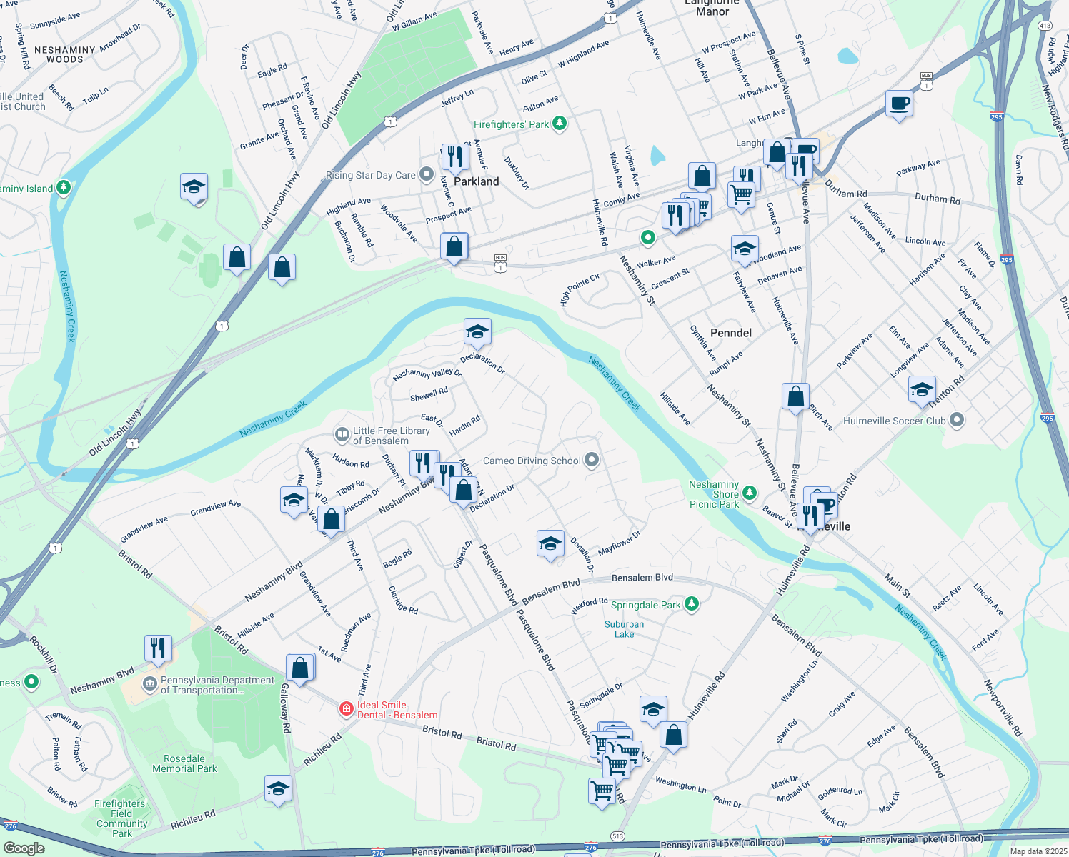 map of restaurants, bars, coffee shops, grocery stores, and more near 3212 Farragut Court in Bensalem