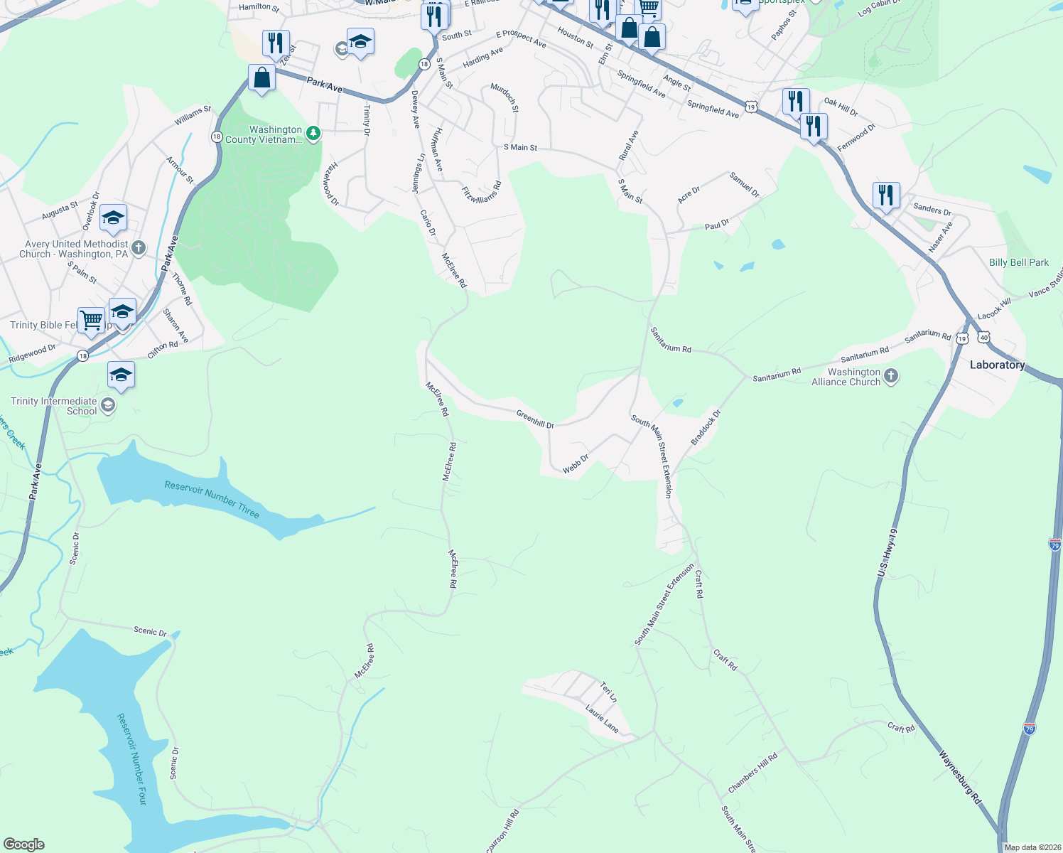 map of restaurants, bars, coffee shops, grocery stores, and more near 150 Greenhill Drive in Washington