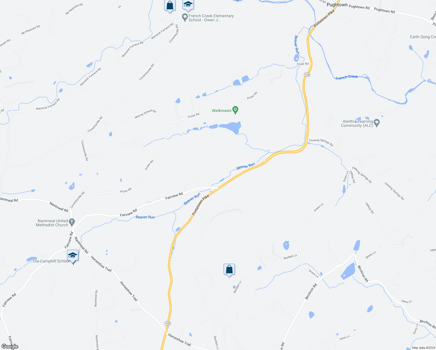 map of restaurants, bars, coffee shops, grocery stores, and more near 2129 Fairview Road in Glenmoore