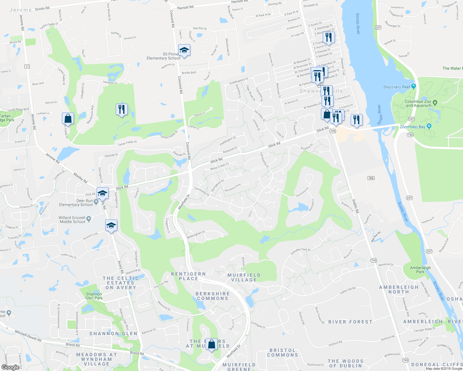 map of restaurants, bars, coffee shops, grocery stores, and more near 5558 Stansbury Drive in Dublin