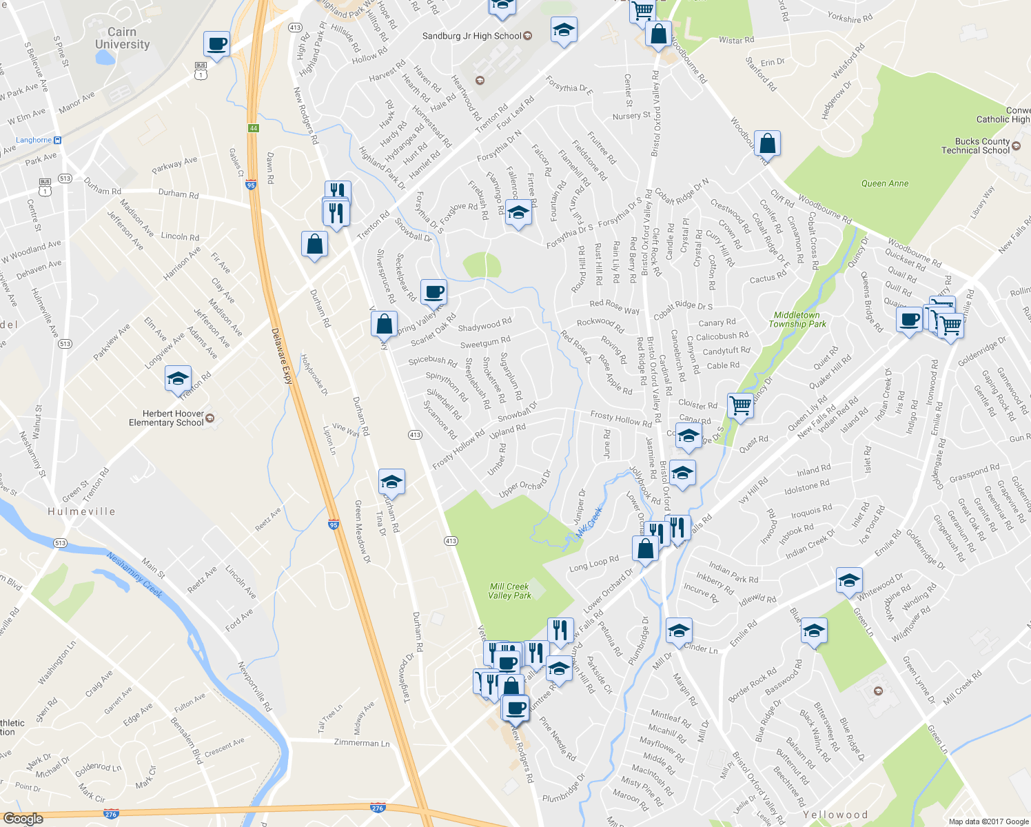 map of restaurants, bars, coffee shops, grocery stores, and more near 567 Snowball Drive in Levittown