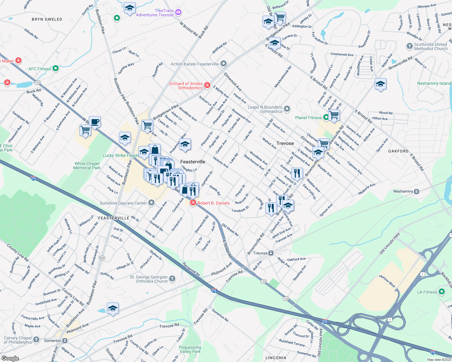 map of restaurants, bars, coffee shops, grocery stores, and more near 324 Eastwood Avenue in Feasterville-Trevose