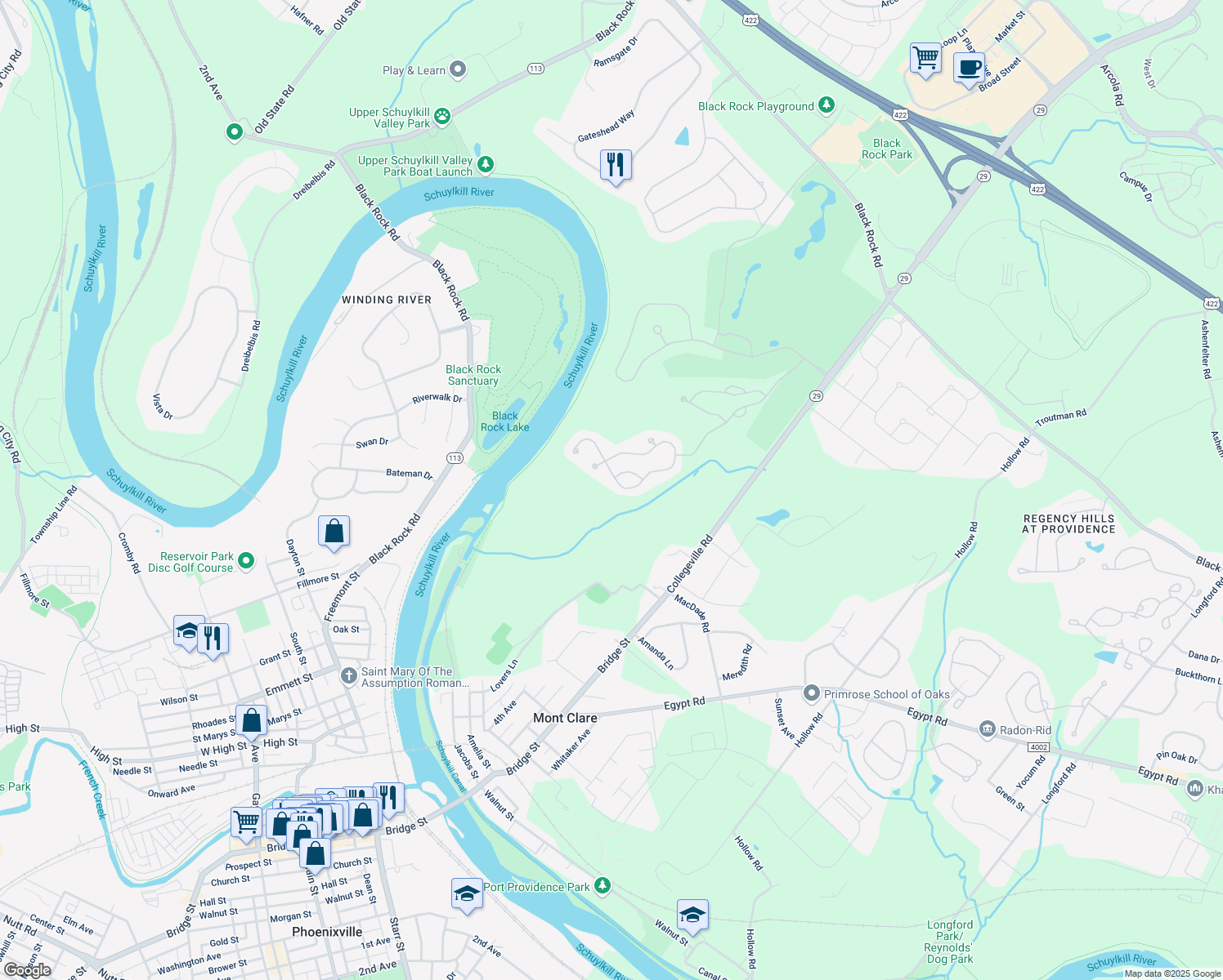 map of restaurants, bars, coffee shops, grocery stores, and more near 38 Quail Drive South in Phoenixville