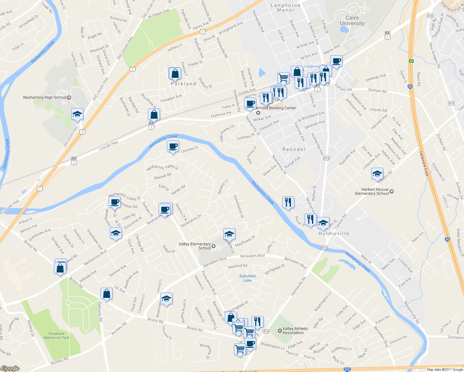 map of restaurants, bars, coffee shops, grocery stores, and more near 6540 Senator Lane in Bensalem