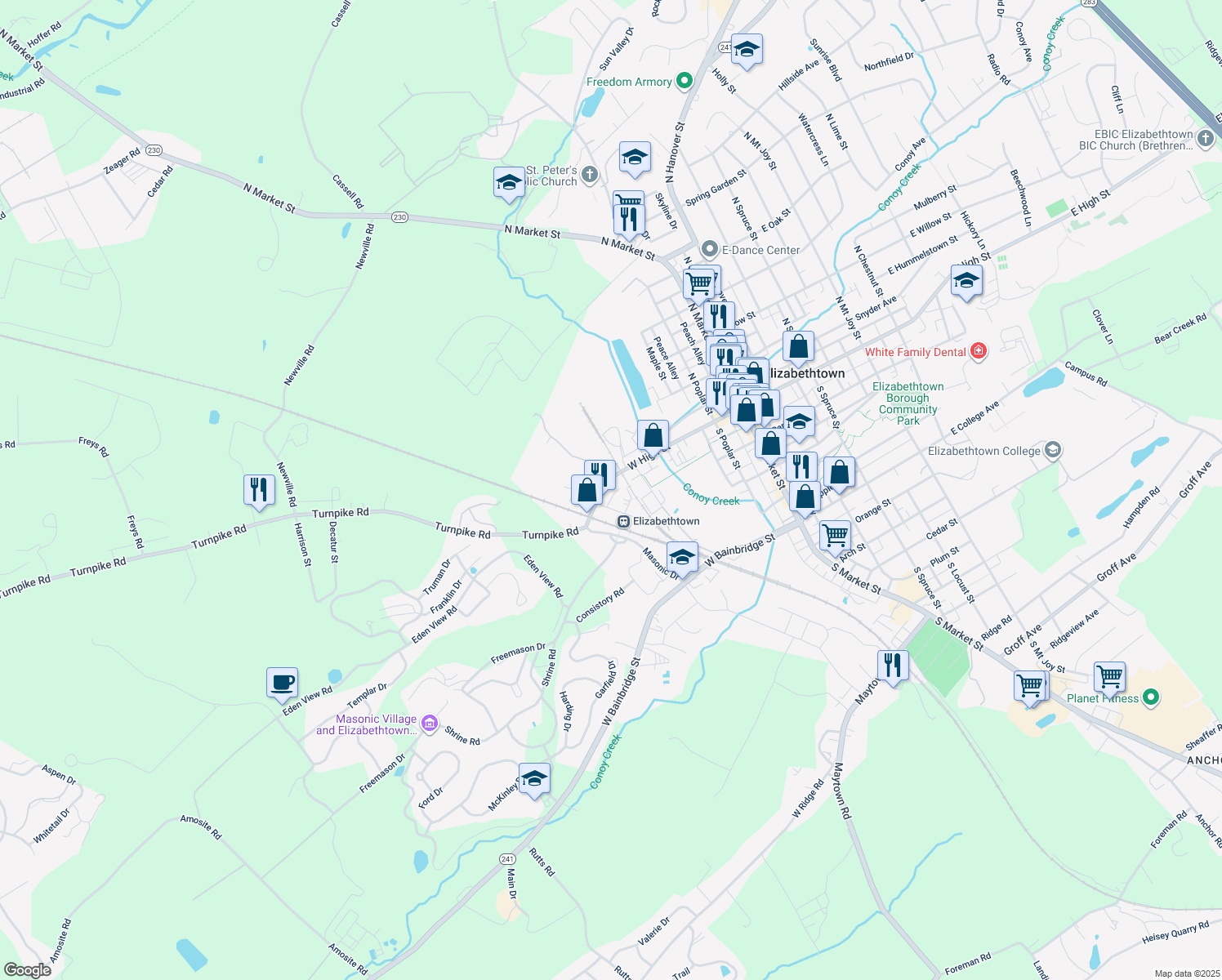 map of restaurants, bars, coffee shops, grocery stores, and more near 464 West High Street in Elizabethtown