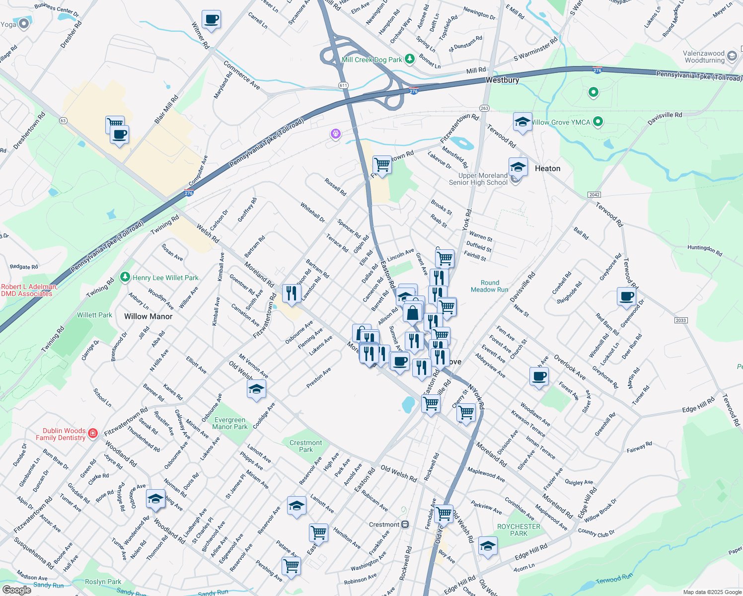 map of restaurants, bars, coffee shops, grocery stores, and more near 219 Cameron Road in Willow Grove