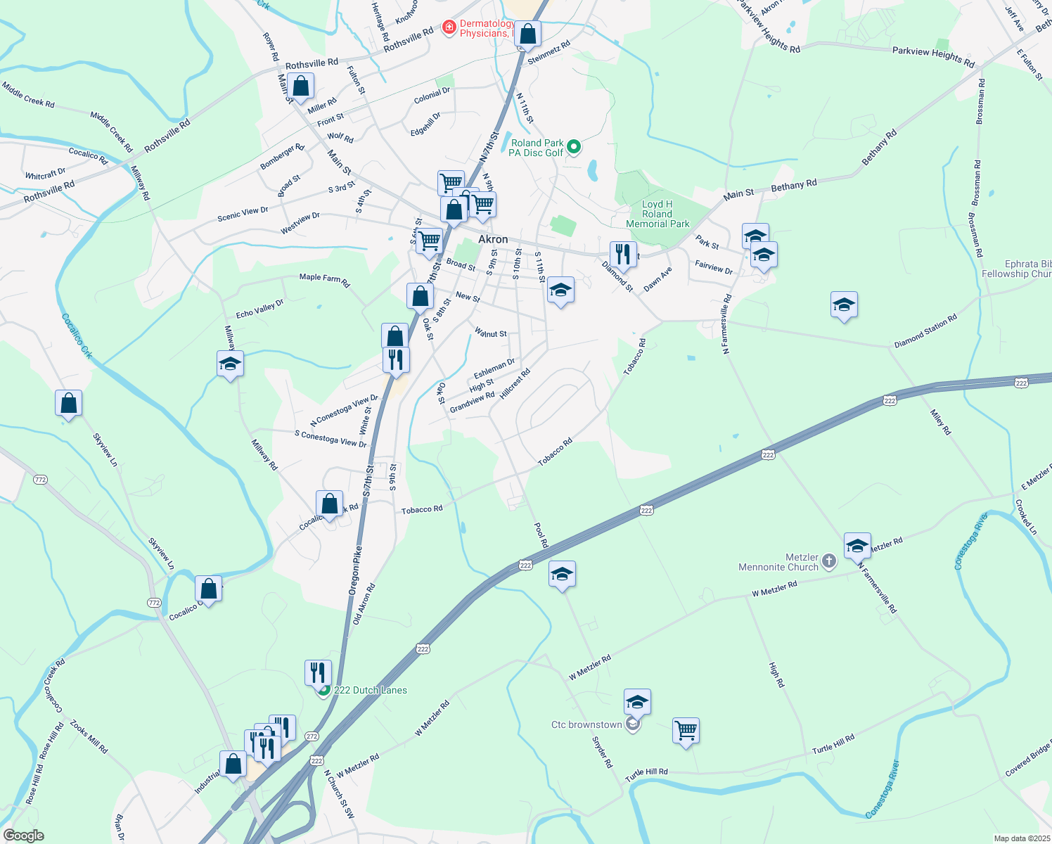 map of restaurants, bars, coffee shops, grocery stores, and more near 41 Hawk Lane in Ephrata