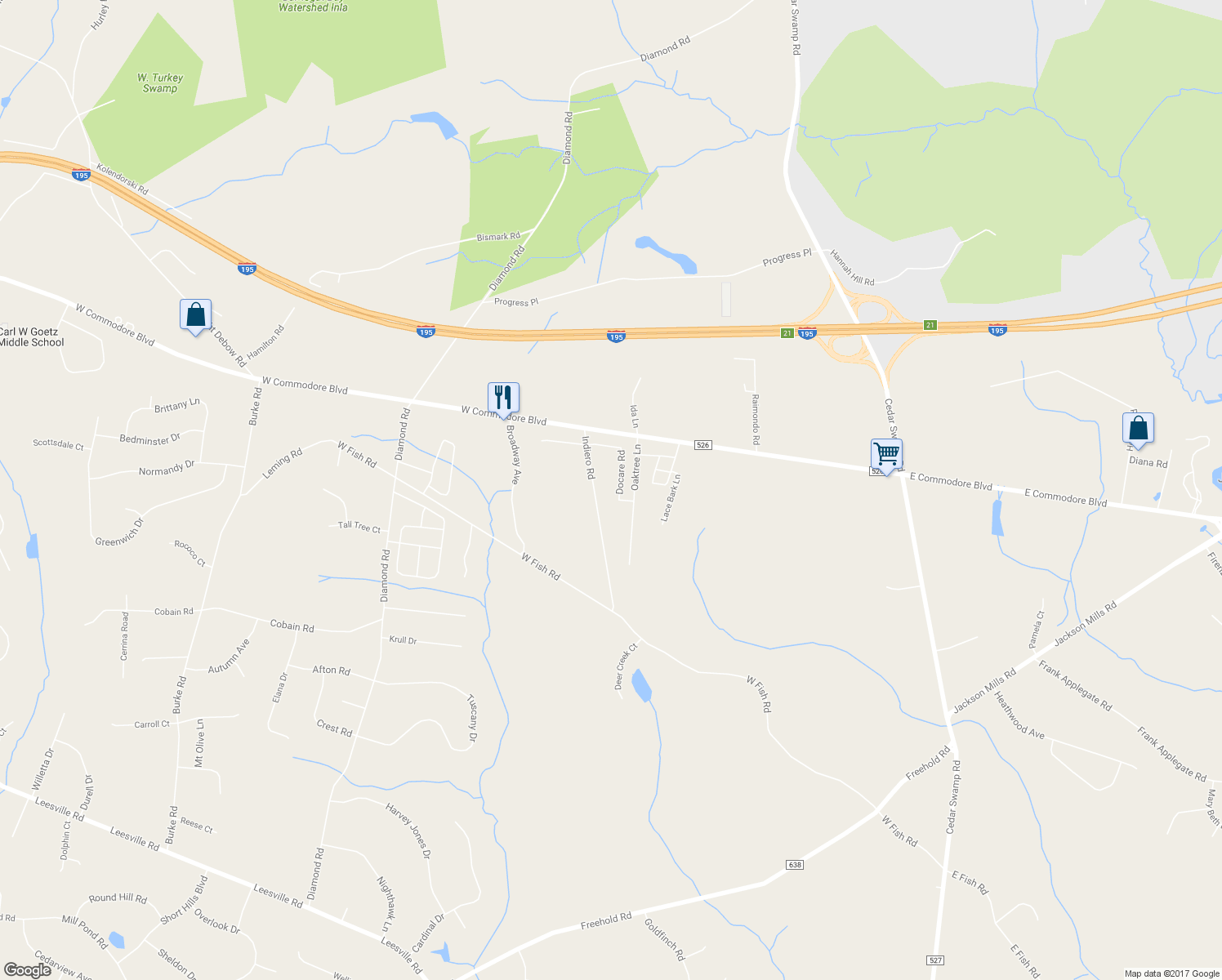map of restaurants, bars, coffee shops, grocery stores, and more near 145 Docare Road in Jackson