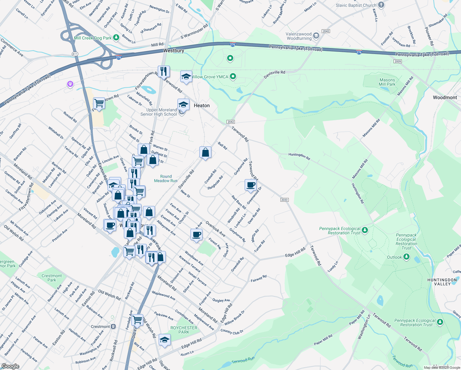 map of restaurants, bars, coffee shops, grocery stores, and more near 152 Greyhorse Rd in Willow Grove