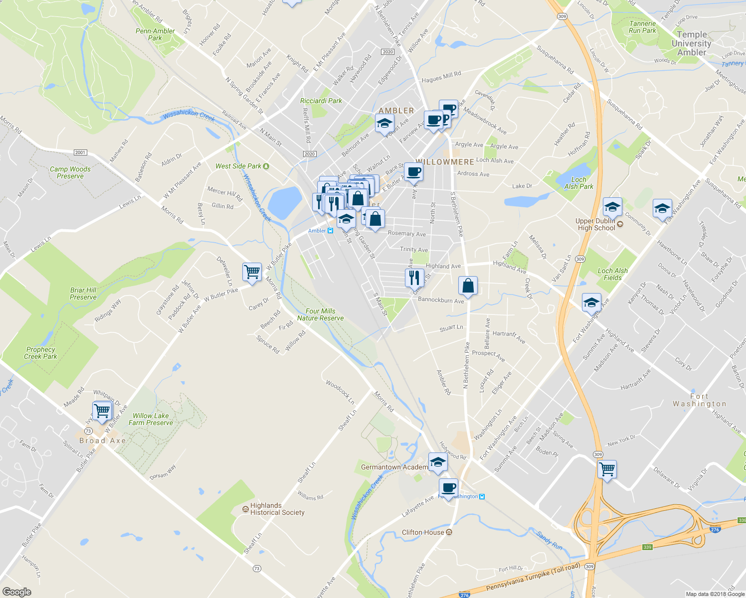 map of restaurants, bars, coffee shops, grocery stores, and more near 304 Ebony Court in Ambler