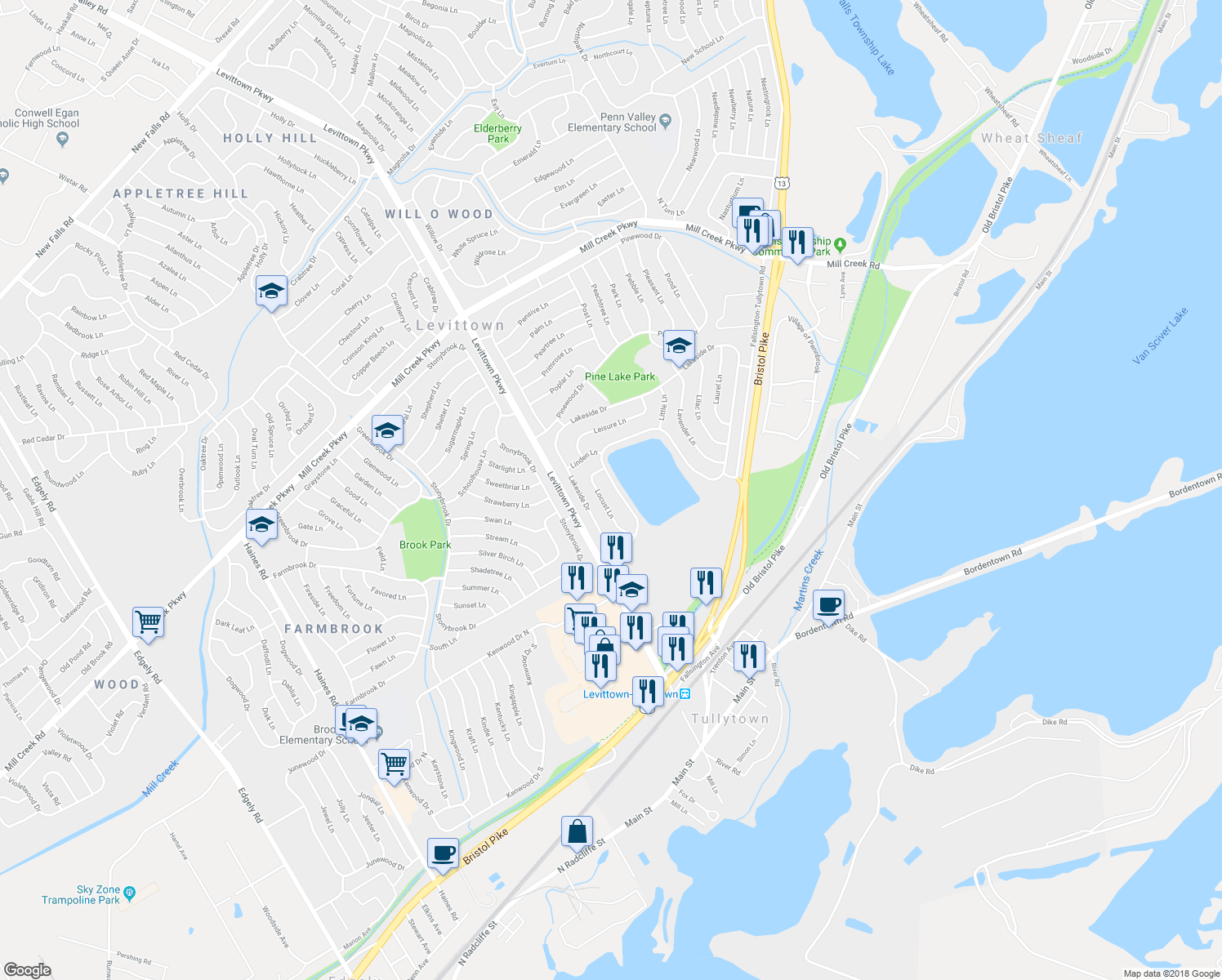 map of restaurants, bars, coffee shops, grocery stores, and more near 474 Lakeside Drive in Levittown