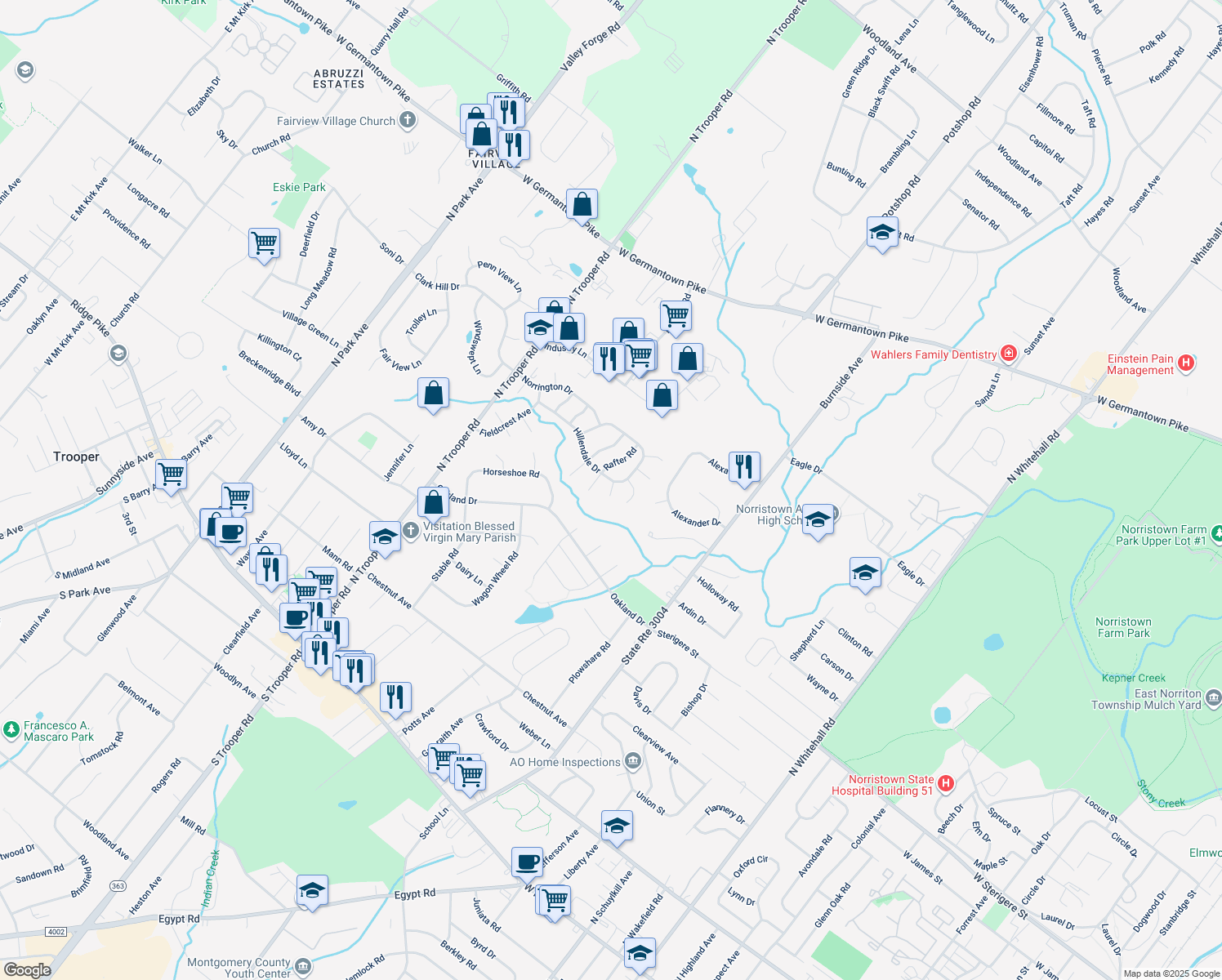 map of restaurants, bars, coffee shops, grocery stores, and more near 1413 Sentry Lane in Norristown