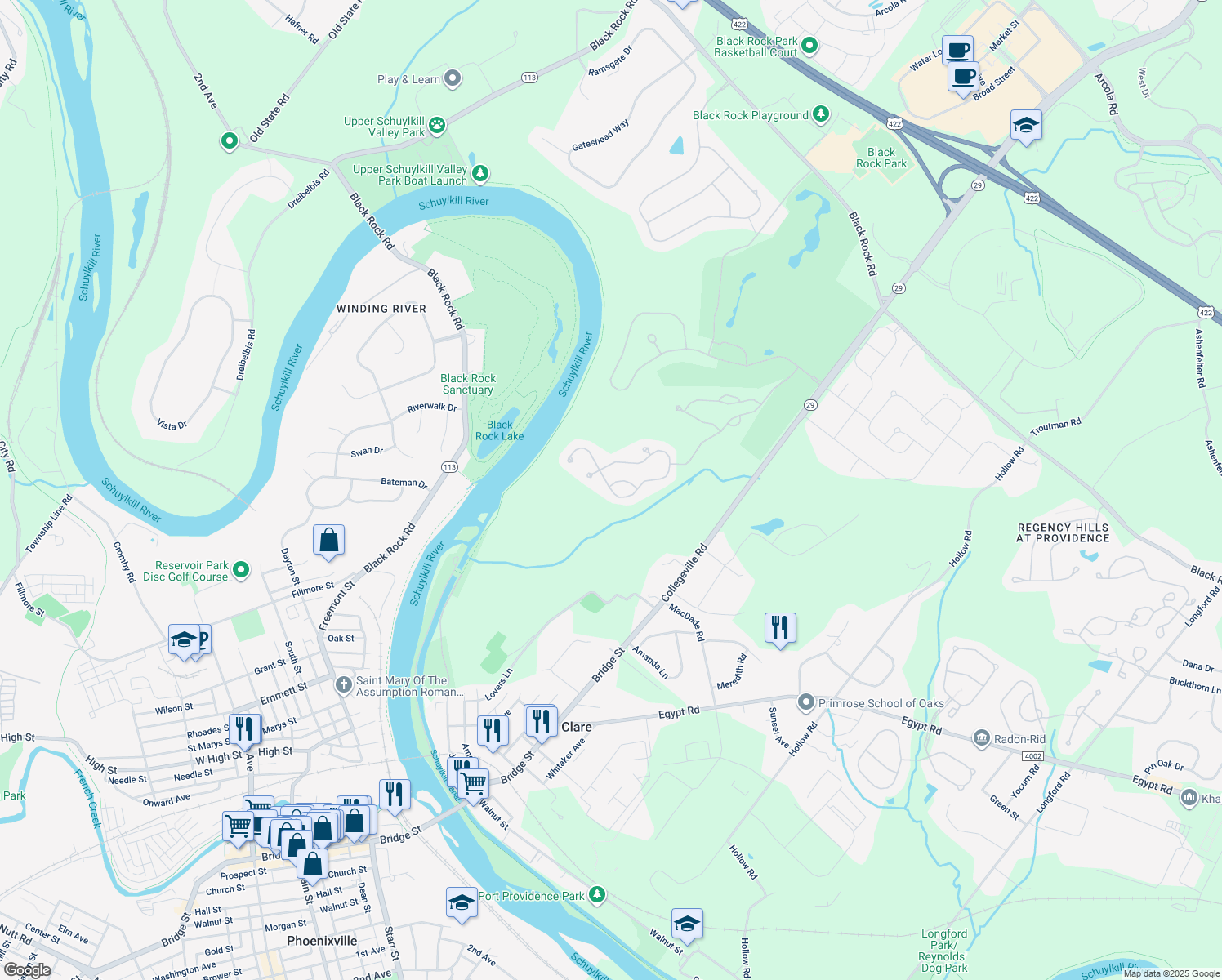 map of restaurants, bars, coffee shops, grocery stores, and more near 44 Quail Drive South in Phoenixville