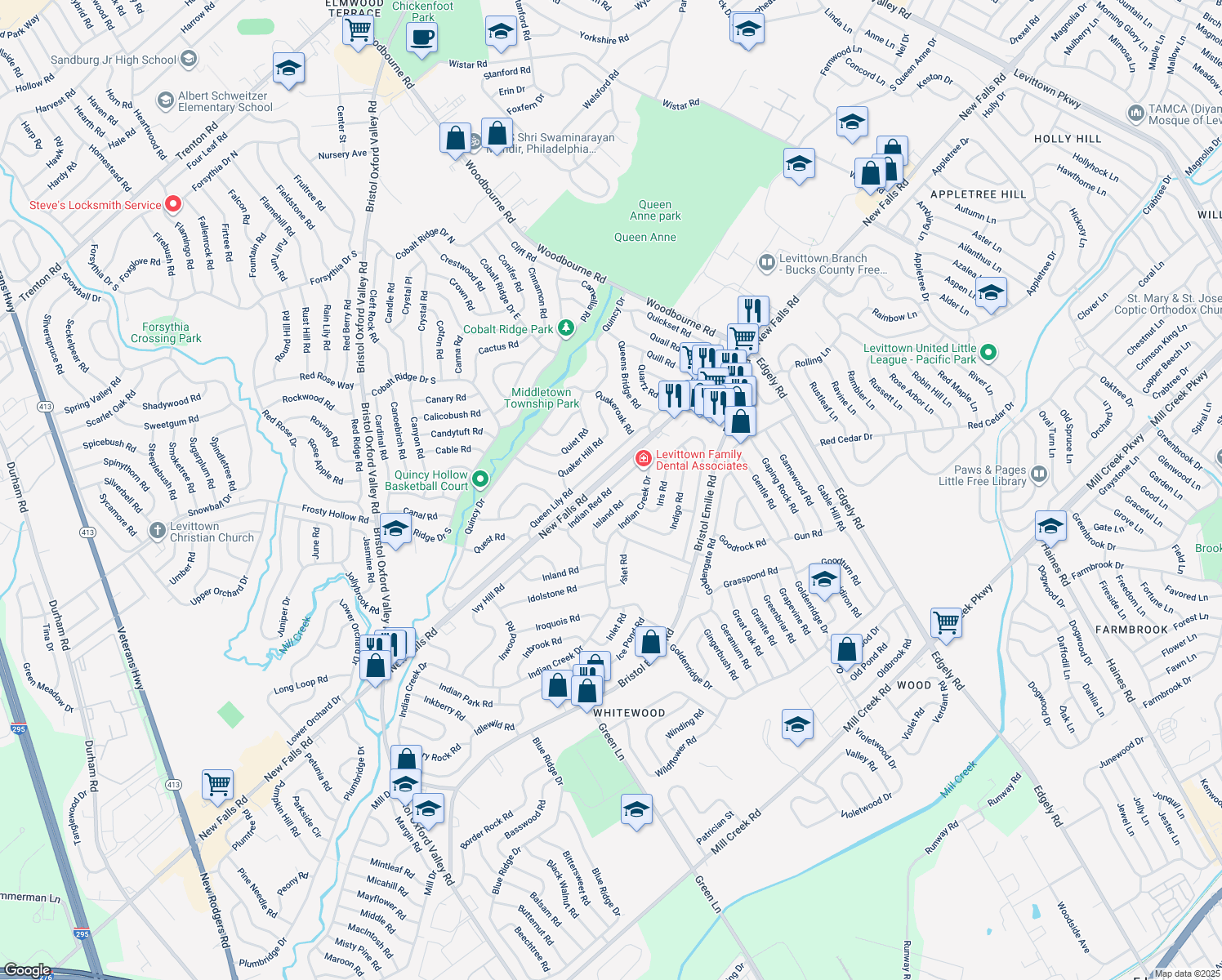 map of restaurants, bars, coffee shops, grocery stores, and more near 68 Indian Red Road in Levittown