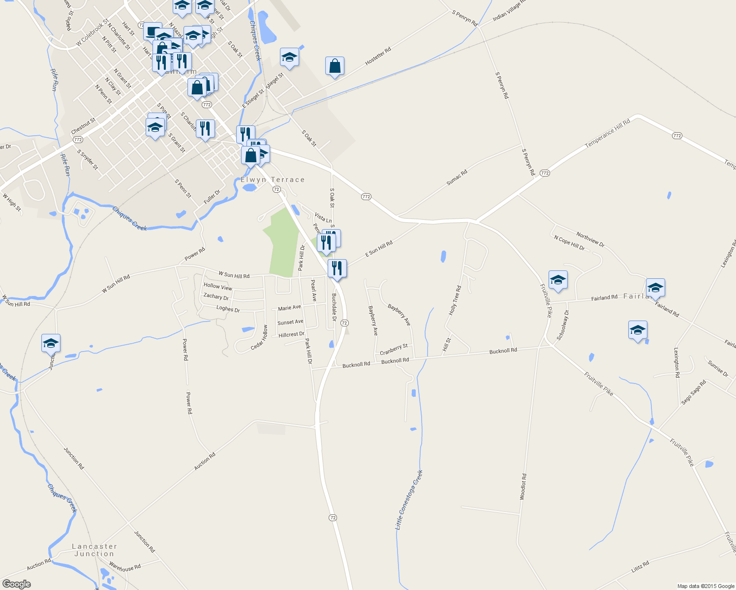 map of restaurants, bars, coffee shops, grocery stores, and more near 6280 Bayberry Avenue in Manheim