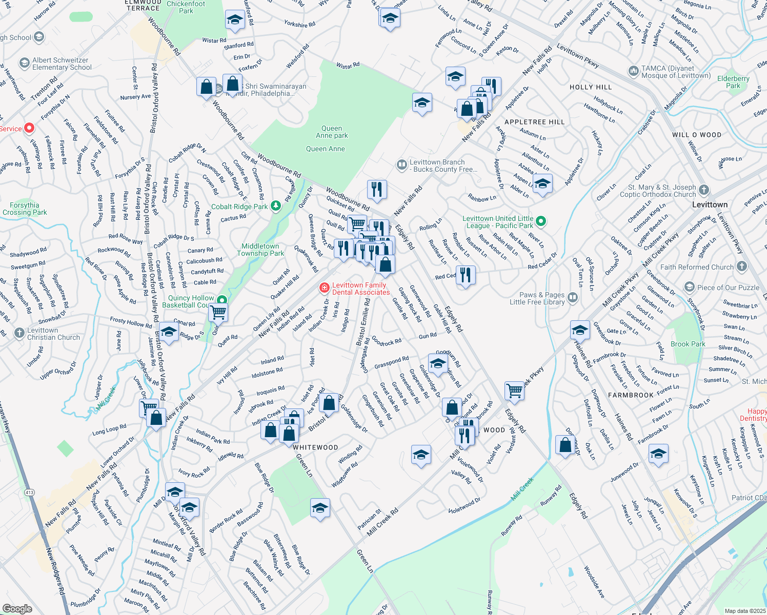 map of restaurants, bars, coffee shops, grocery stores, and more near 281 Goldenridge Drive in Levittown