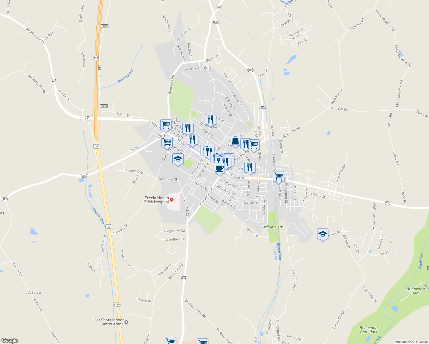 map of restaurants, bars, coffee shops, grocery stores, and more near 526 Washington Street in Mount Pleasant