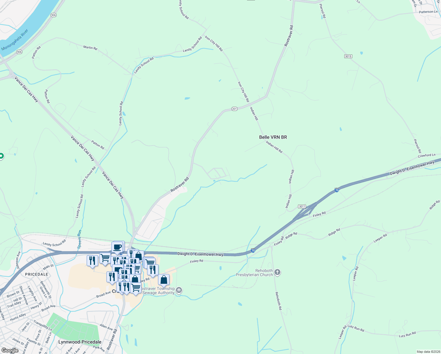 map of restaurants, bars, coffee shops, grocery stores, and more near 239 Albee Drive in Belle Vernon