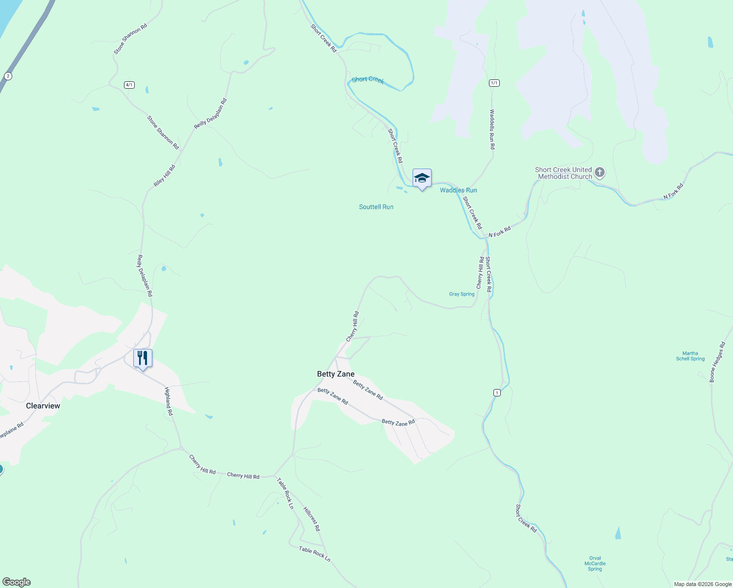 map of restaurants, bars, coffee shops, grocery stores, and more near 2410 Cherry Hill Road in Wheeling