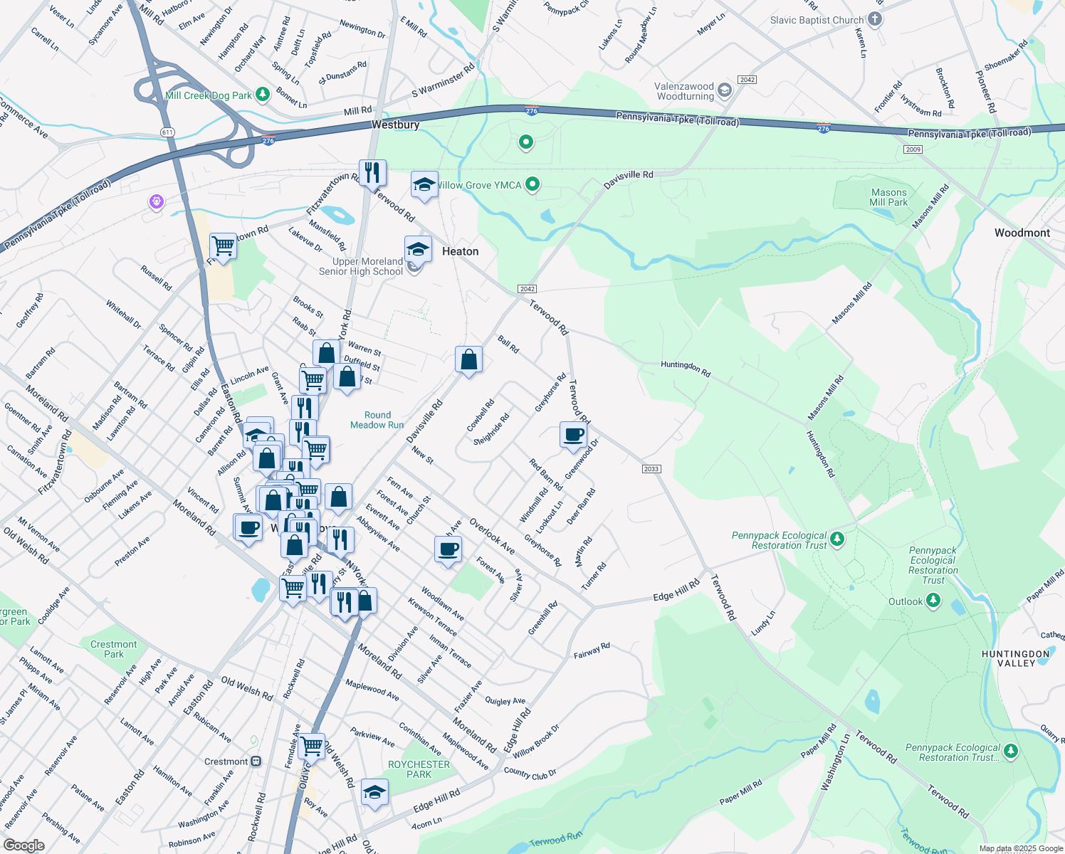 map of restaurants, bars, coffee shops, grocery stores, and more near 148 Greyhorse Rd in Willow Grove
