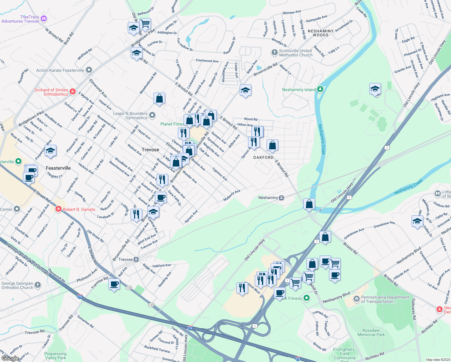 map of restaurants, bars, coffee shops, grocery stores, and more near 4670 Cypress Avenue in Feasterville-Trevose