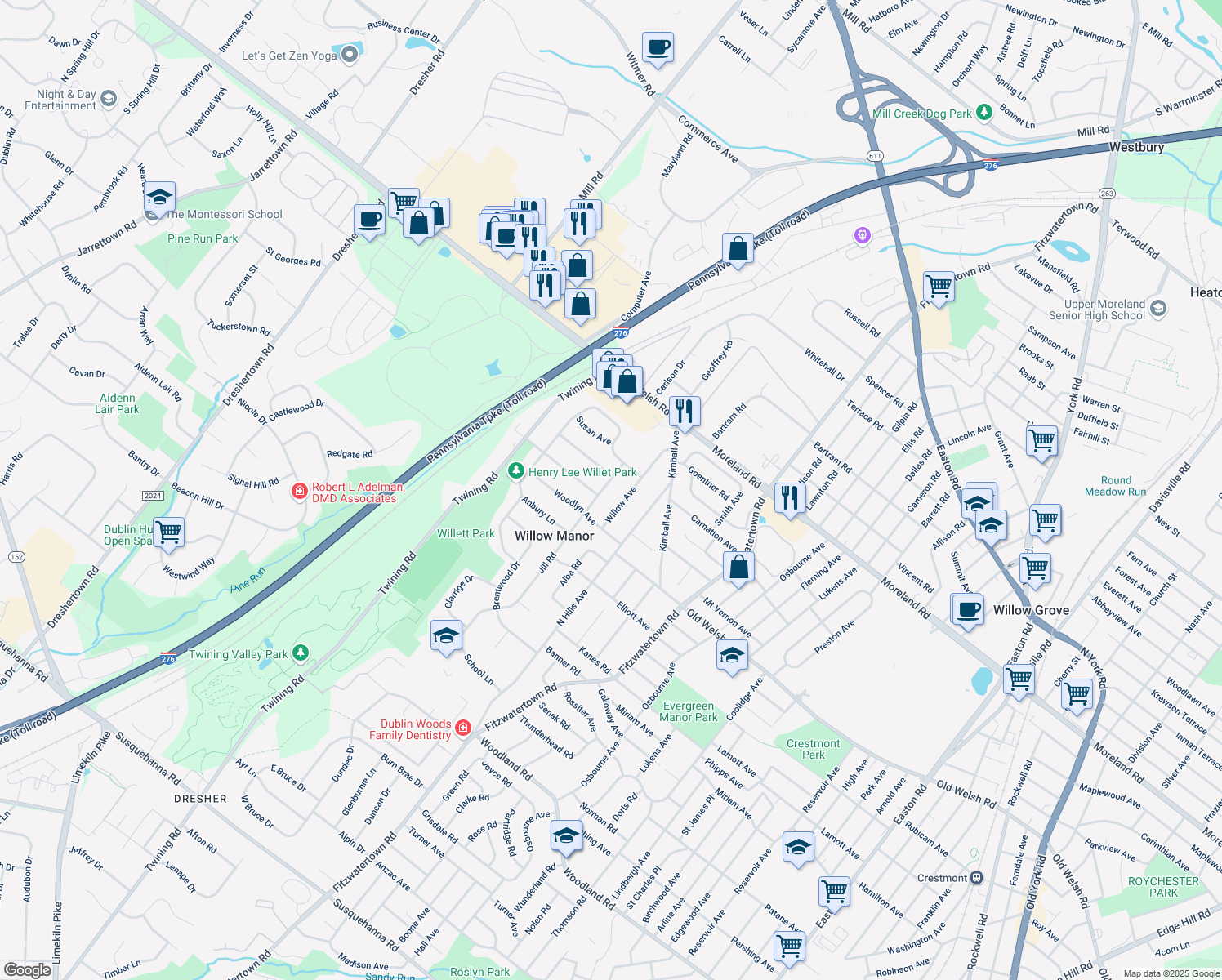 map of restaurants, bars, coffee shops, grocery stores, and more near 1823 Jill Road in Willow Grove