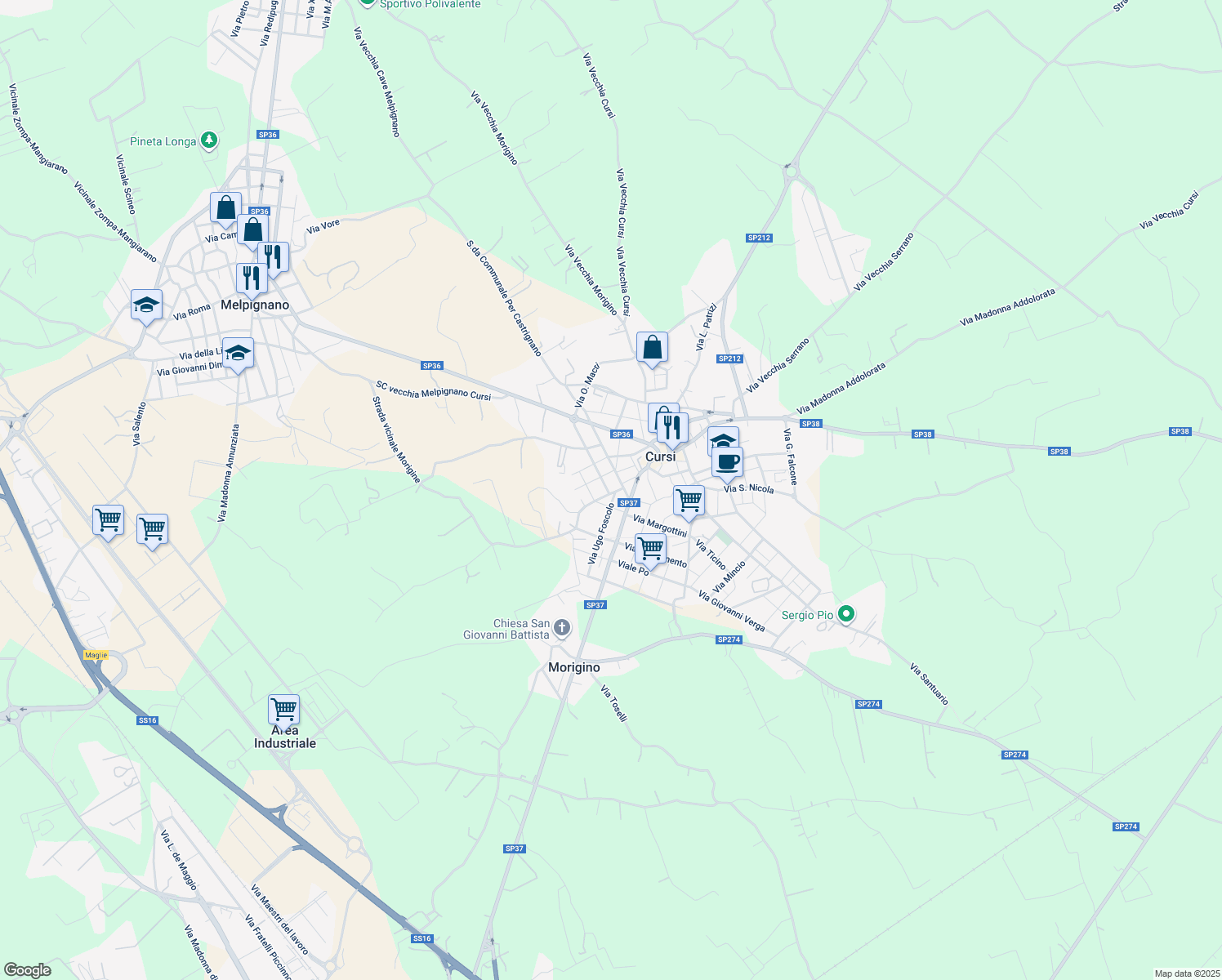 map of restaurants, bars, coffee shops, grocery stores, and more near 12 Via Manzoni in Cursi