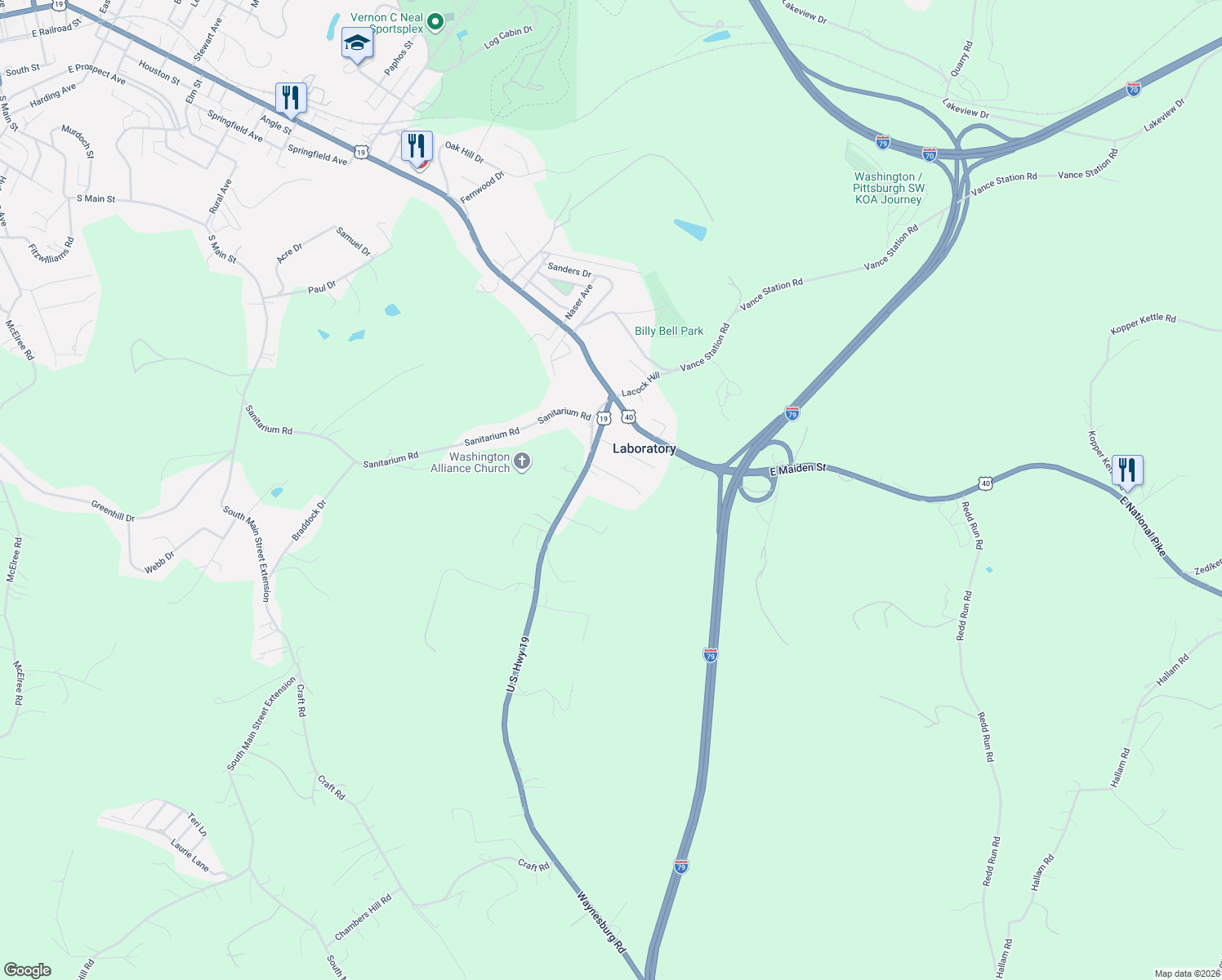 map of restaurants, bars, coffee shops, grocery stores, and more near 22 Guinn Drive in Washington