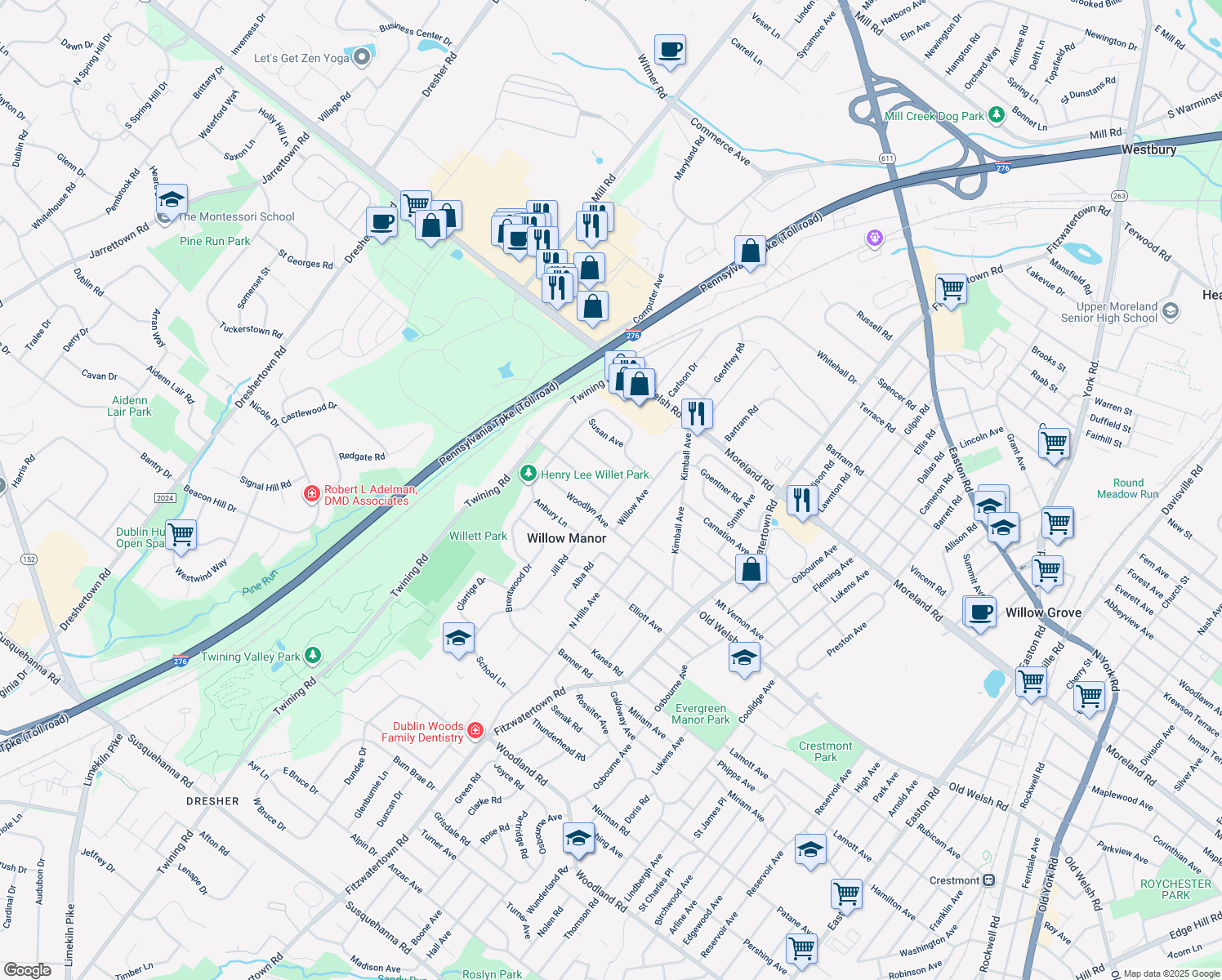 map of restaurants, bars, coffee shops, grocery stores, and more near 1816 Jill Road in Willow Grove