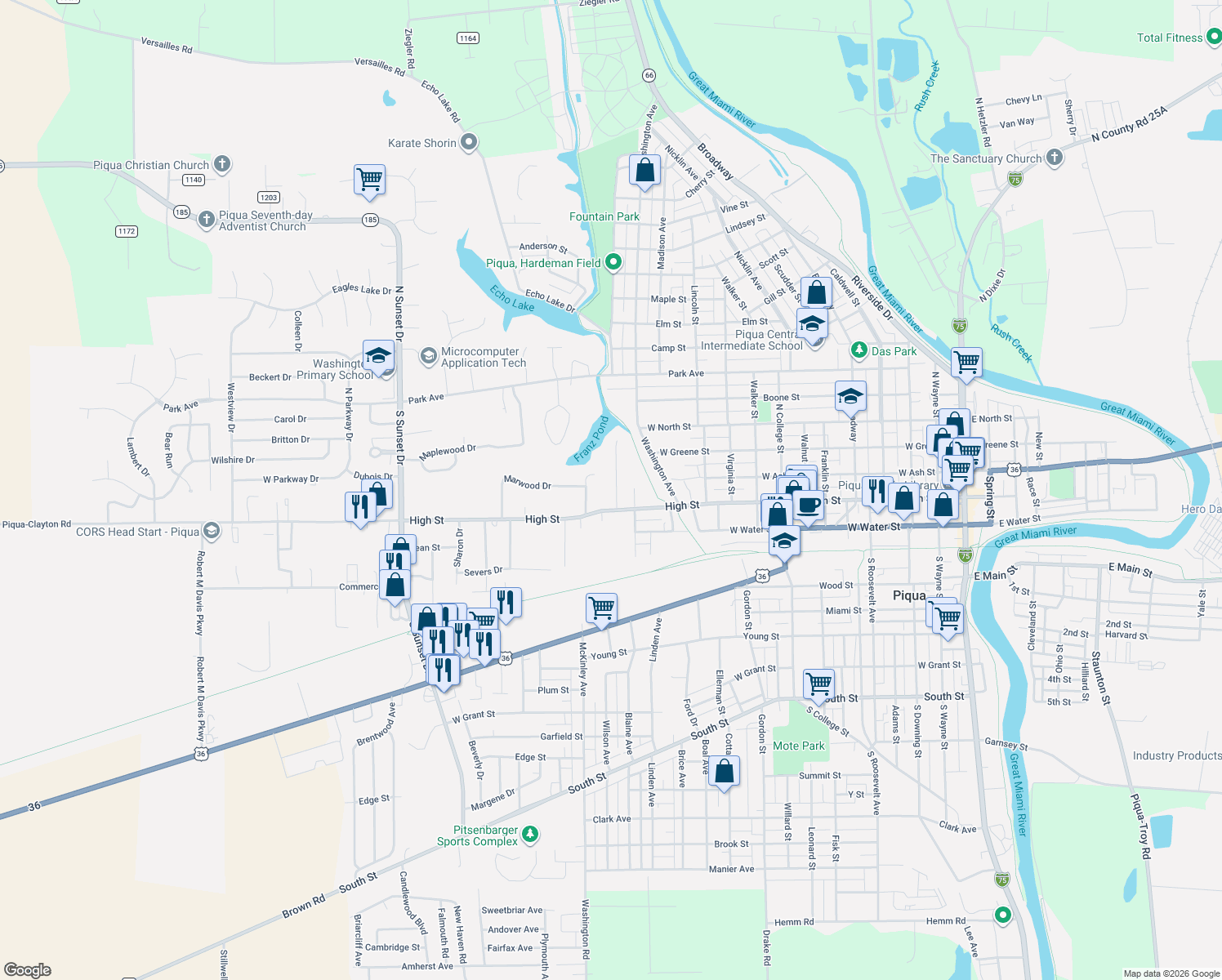 map of restaurants, bars, coffee shops, grocery stores, and more near 304 Short Dr in Piqua