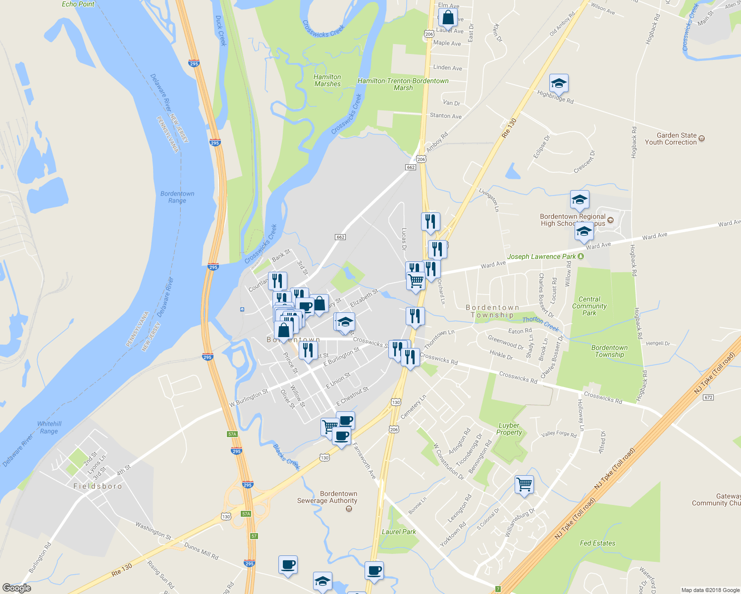 map of restaurants, bars, coffee shops, grocery stores, and more near 104 Elizabeth Street in Bordentown