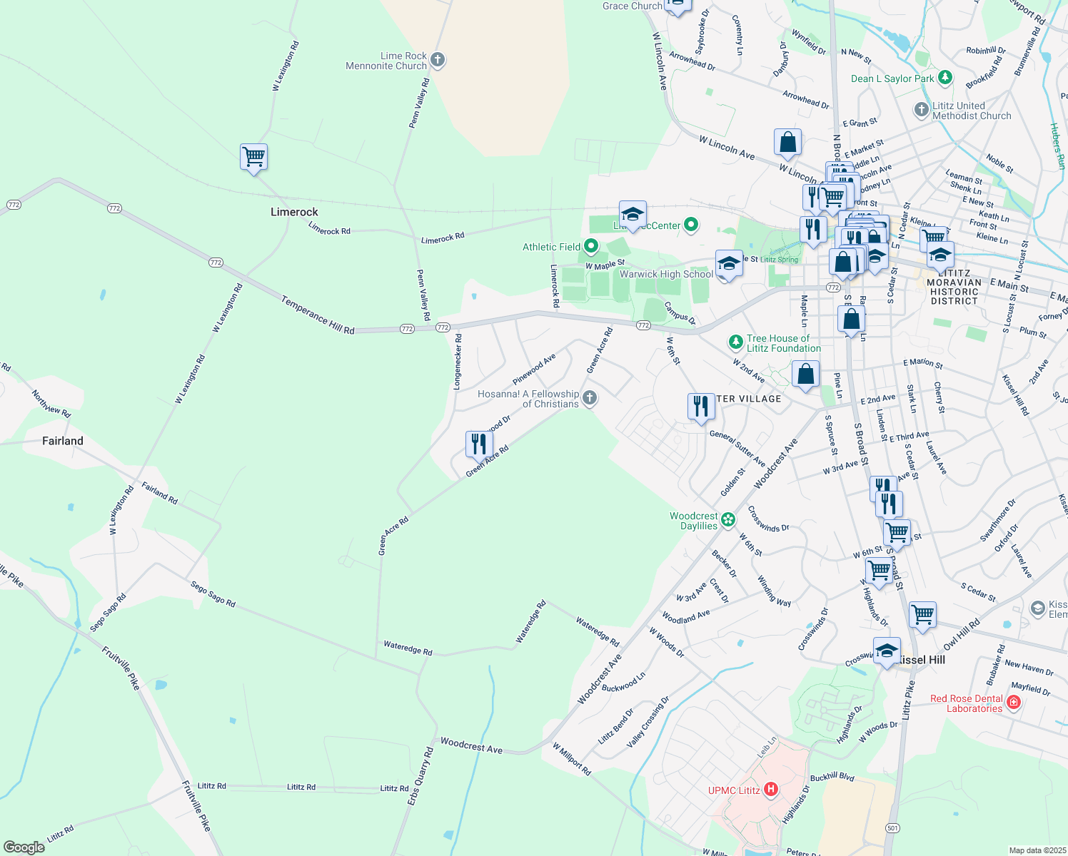 map of restaurants, bars, coffee shops, grocery stores, and more near 52 Green Acre Road in Lititz