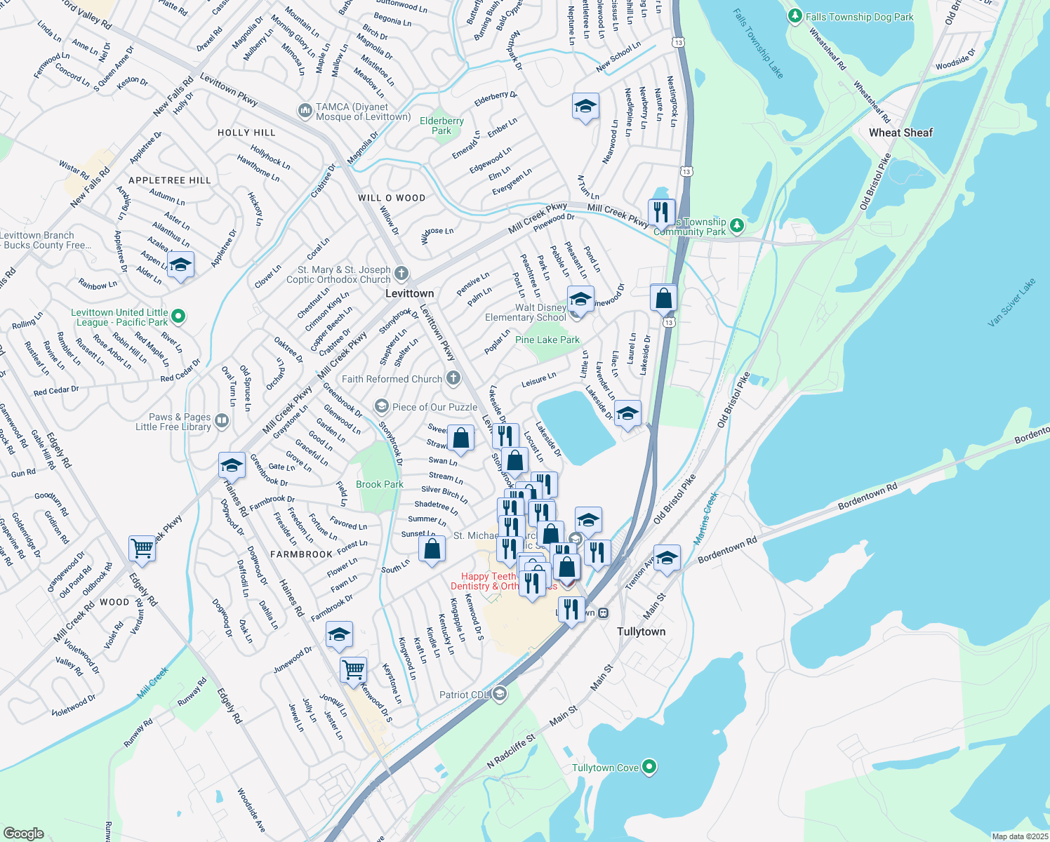 map of restaurants, bars, coffee shops, grocery stores, and more near 54 Locust Lane in Levittown