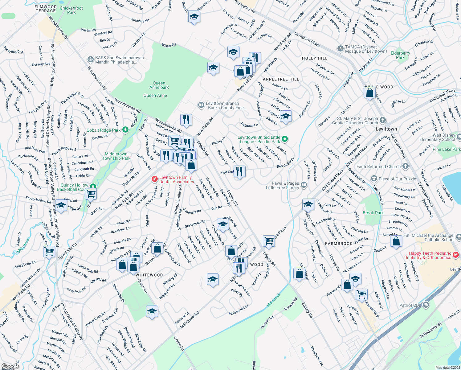 map of restaurants, bars, coffee shops, grocery stores, and more near 32 Roundwood Lane in Levittown