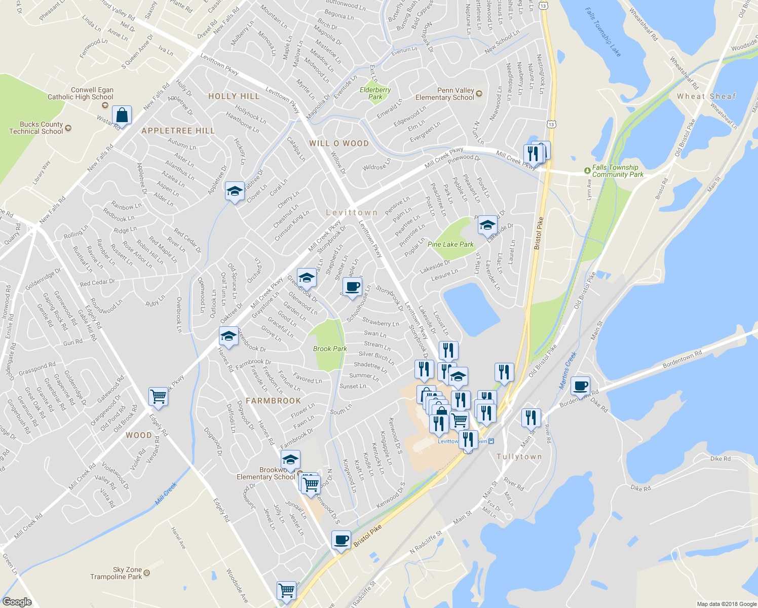 map of restaurants, bars, coffee shops, grocery stores, and more near 16 Starlight Lane in Levittown
