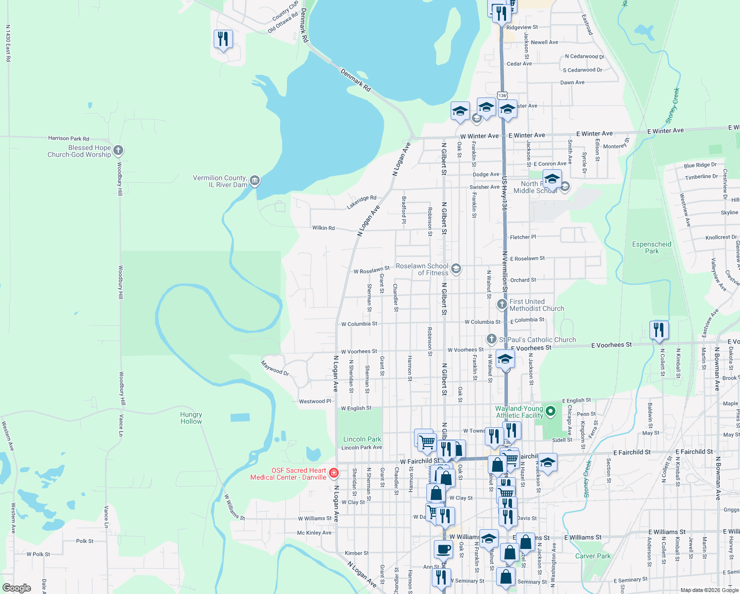 map of restaurants, bars, coffee shops, grocery stores, and more near 1499 Sherman Street in Danville