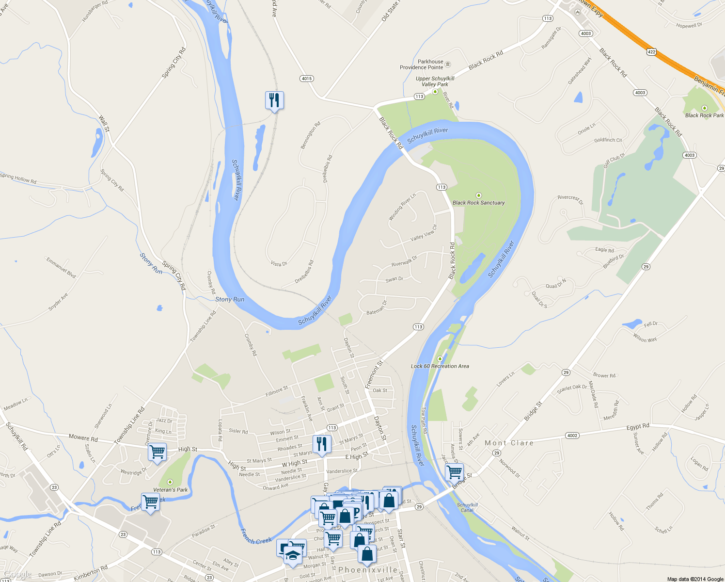 map of restaurants, bars, coffee shops, grocery stores, and more near 3003 Milton's Court in Phoenixville