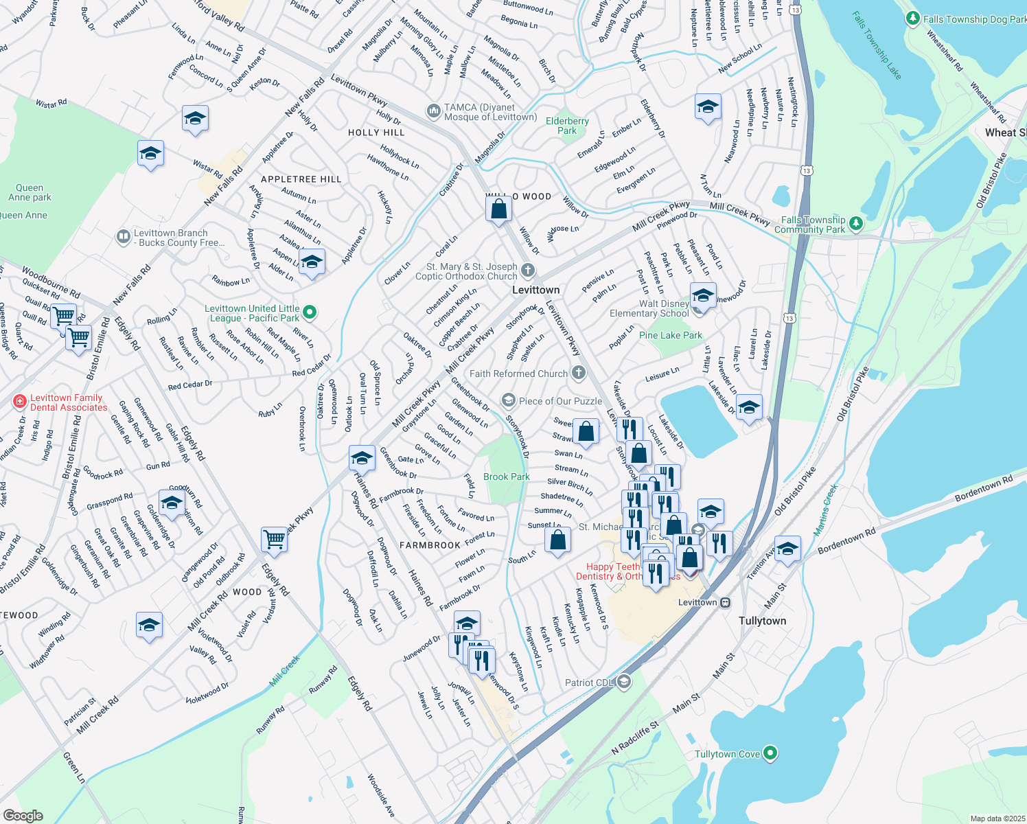 map of restaurants, bars, coffee shops, grocery stores, and more near 6 Sugarmaple Lane in Levittown