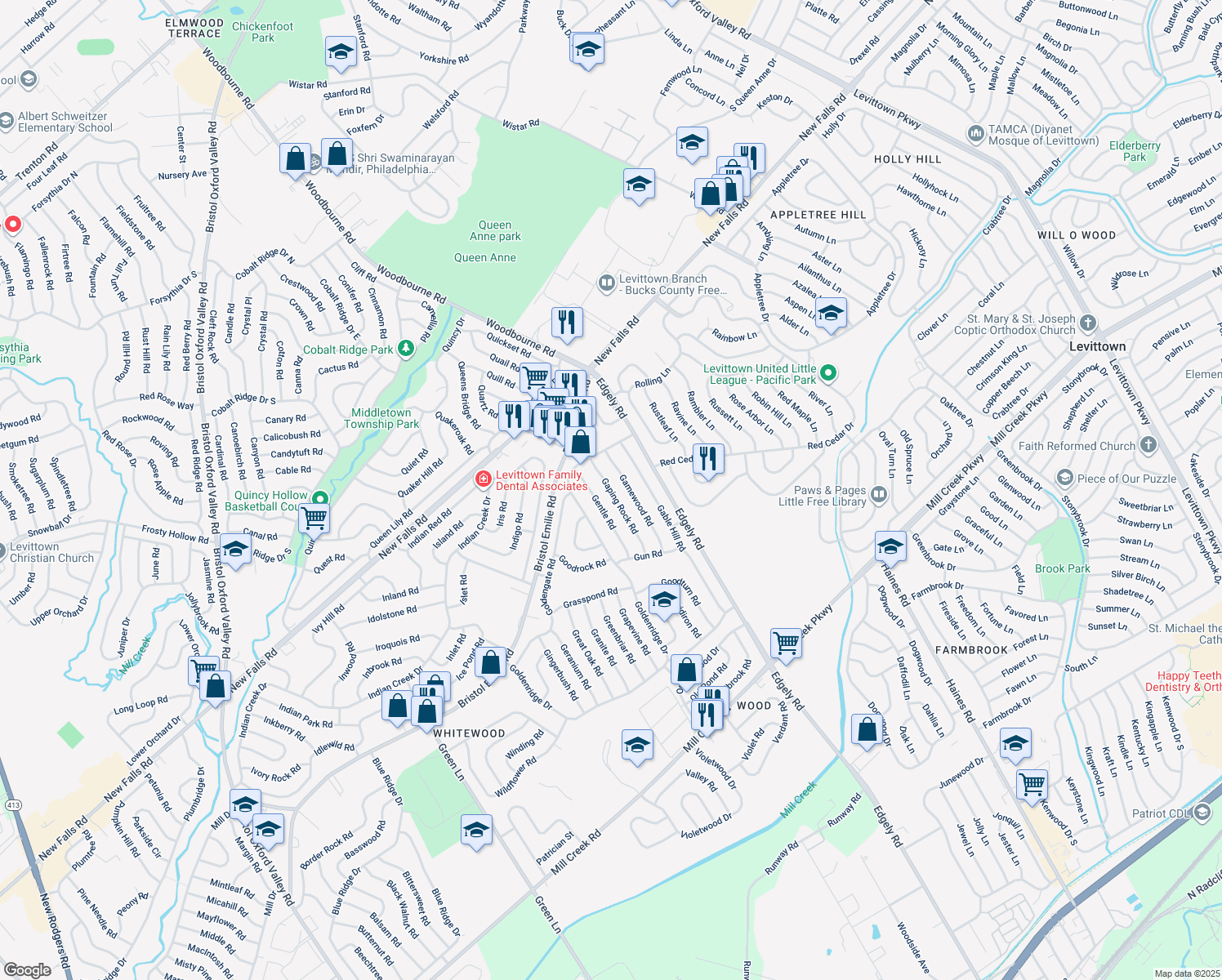 map of restaurants, bars, coffee shops, grocery stores, and more near 66 Gaping Rock Rd in Levittown