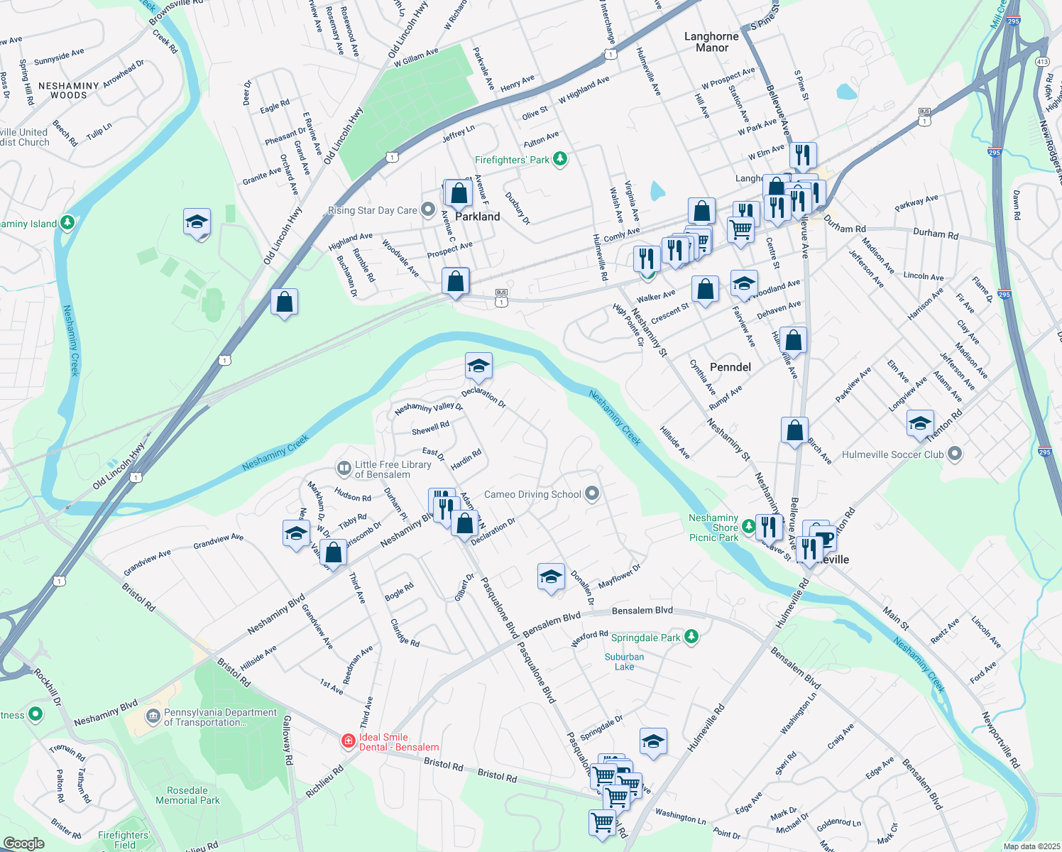 map of restaurants, bars, coffee shops, grocery stores, and more near 3005 Douglas Turn in Bensalem