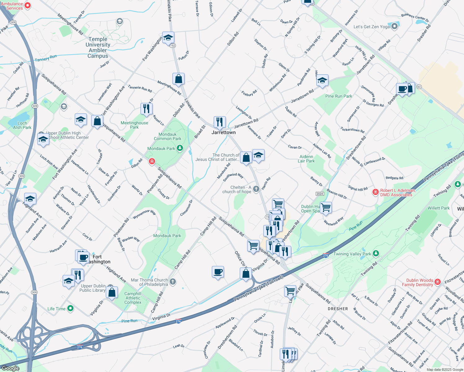map of restaurants, bars, coffee shops, grocery stores, and more near 1440 Candlebrook Drive in Dresher