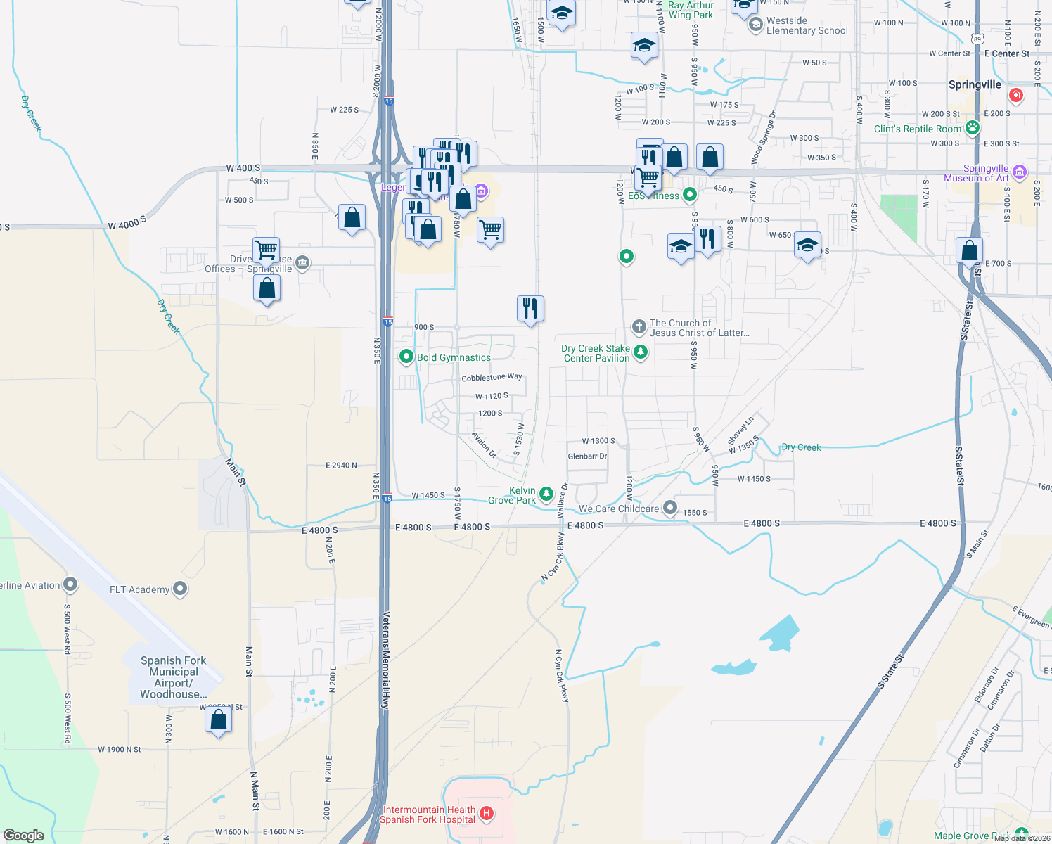 map of restaurants, bars, coffee shops, grocery stores, and more near 1221 South 1530 West in Springville